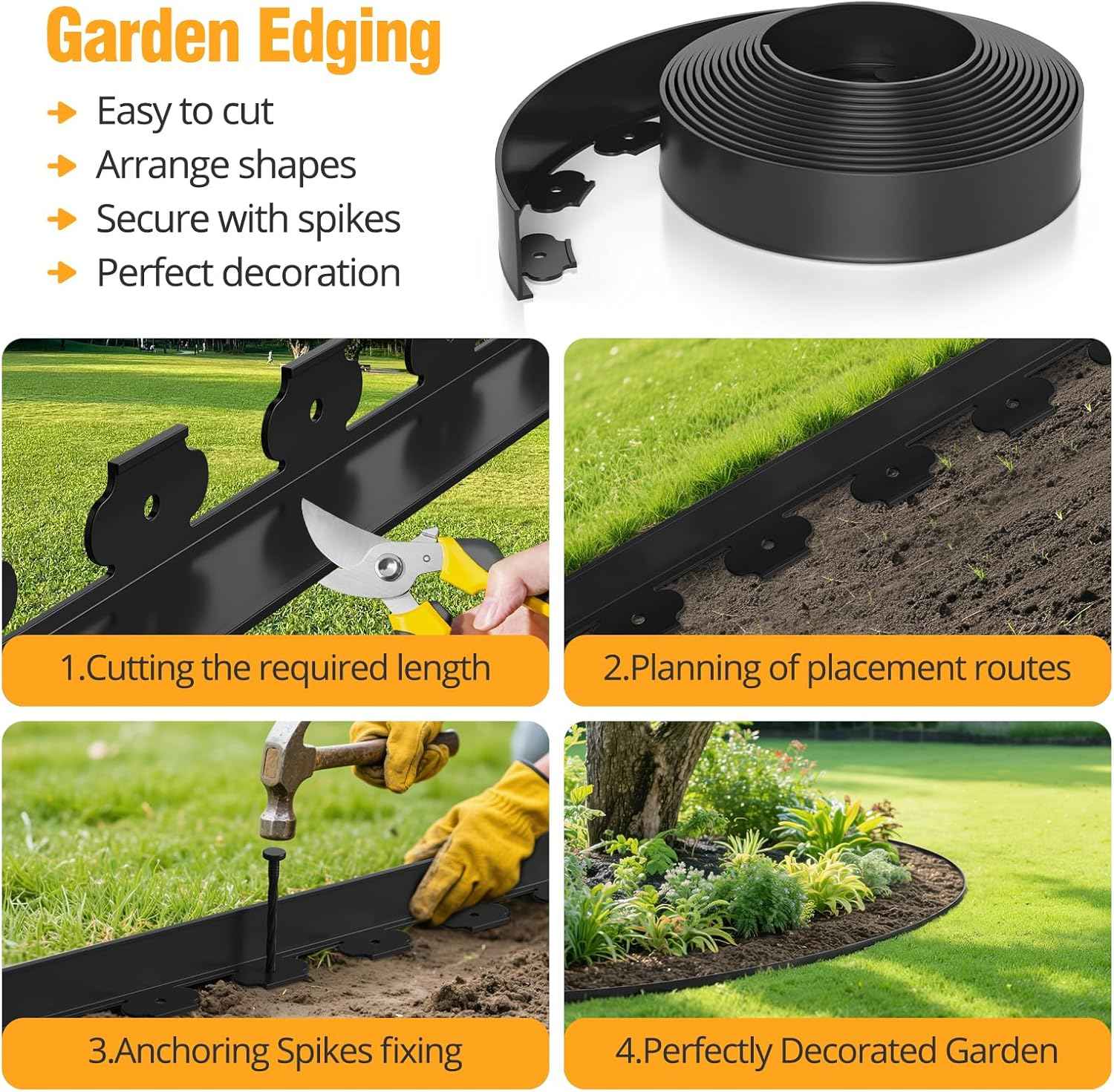 40FT Landscape Edging No-Dig, 2 Inch Tall Heavy Duty Plastic Garden Edging Border with 40 Anchoring Spikes for Lawn, Flower Bed & Decorative Yard