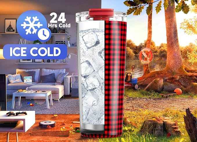 Meoky 24 oz Travel Coffee Mug with Leak-proof Lid, Stainless Steel Insulated Coffee Tumbler, Keeps Hot for 8 Hours or Cold for 24 Hours, Fits in Car Cup Holder (Crimson Plaid)