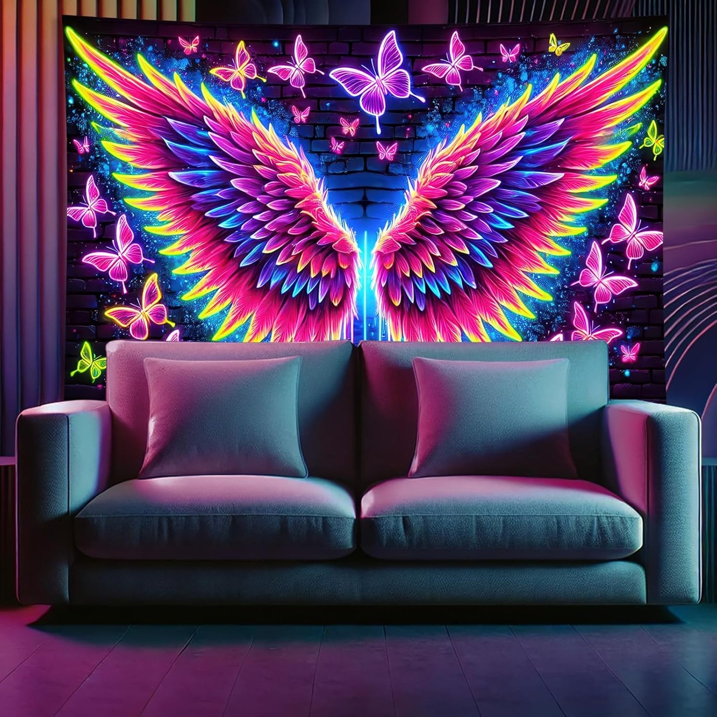Starlit Patio Blacklight Angel Wings Tapestry UV Reactive Glow in The Dark Butterflies Wall Hanging Trippy Fluorescent Neon Art Poster for Bedroom Living Room Dorm Aesthetic Decor 78 x 59 Inches
