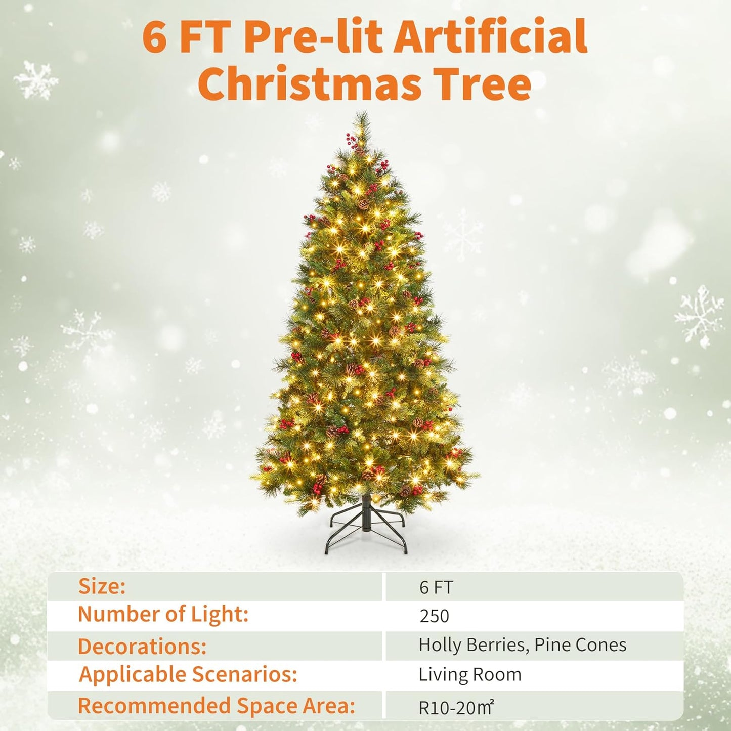 6 Ft Pre-lit Artificial Christmas Tree,Spruce Prelit Christmas Trees for Home,Office,Party Thickened PE&PVC Branch Tips & UL Listed Lights Incandescent Warm White,Fire-Resistant Automatic Branches