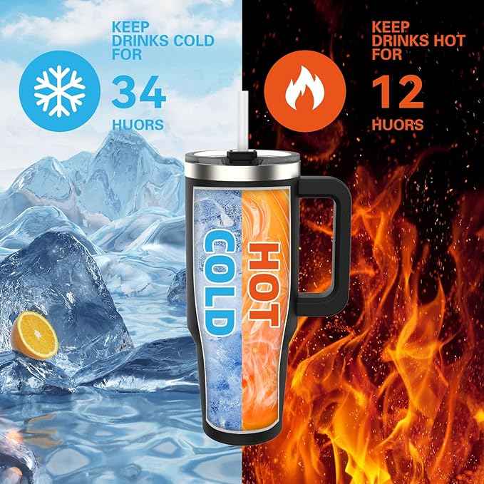 40 oz Tumbler with Handle,Tumbler with Lid and Straw,Double Wall Insulated Cup Stainless Steel Travel Mug(Cold for 34 Hours),Water Bottle for Iced Tea,Coffee,Cold Beverages(Black)