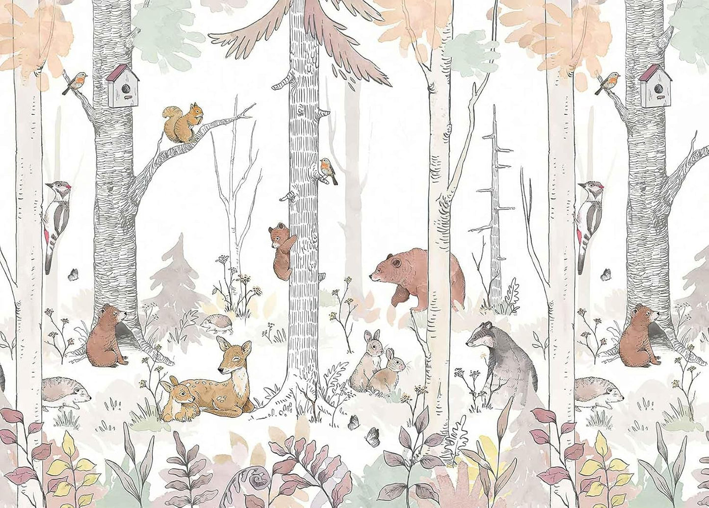 Jdayda Kids Tree Wallpaper Mural Cute Animals Plants Birds Wallpaper for Nursery Boys Girls Bedroom Living Room (Not Self-Adhesive)