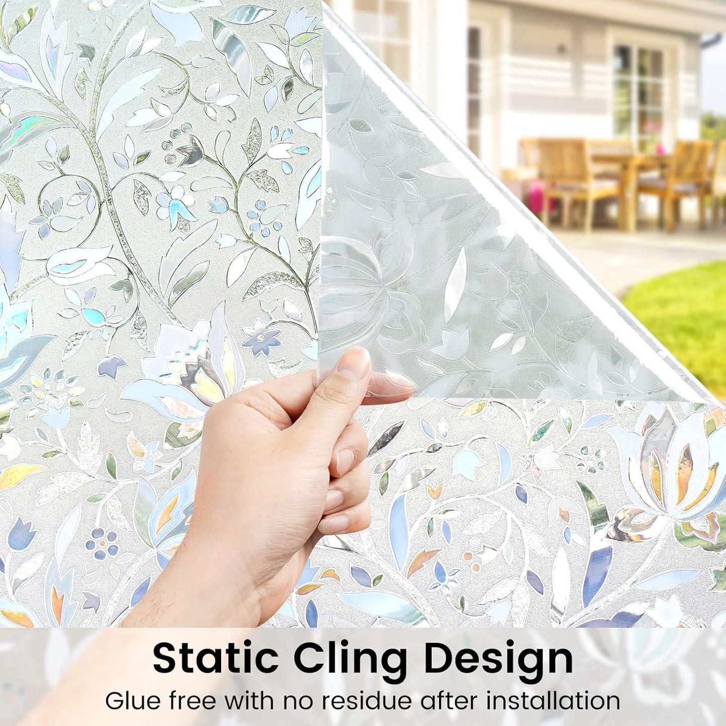 DOWELL Window Privacy Film, 3D Stained Glass Rainbow Films, Decorative Window Vinyl Sun Blocker Door Covering, Static Cling Non-Adhesive Glass Sticker for Home, Blooming Flowers, 35.4"x78.5"