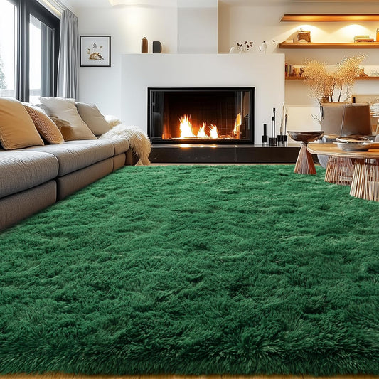 Rezutan Fluffy Rug for Living Room Bedroom, Large Comfy Modern Shaggy Fuzzy Kids, Plush Indoor Nursery Classroom Home Decor Bedside Rug with Non-Slip Bottom, Blackish Green, 8 X 10 Feet
