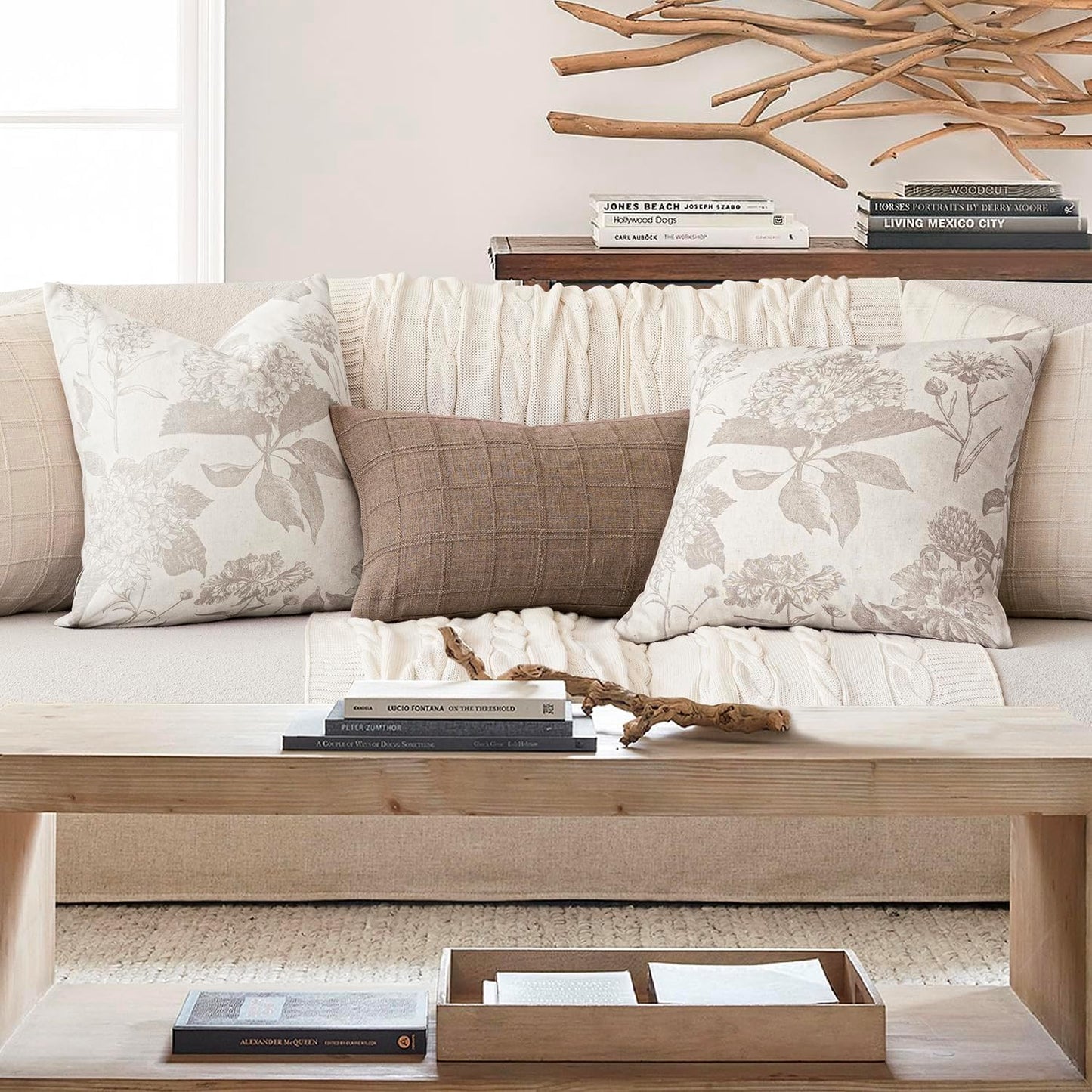 Foindtower Set of 2 Linen Floral Vintage Throw Pillow Covers Neutral Accent Print Decorative Cushion Covers Farmhouse Home Decor for Sofa Chair Couch Bedroom Living Room Outdoor,18×18 Inch,Tan Beige