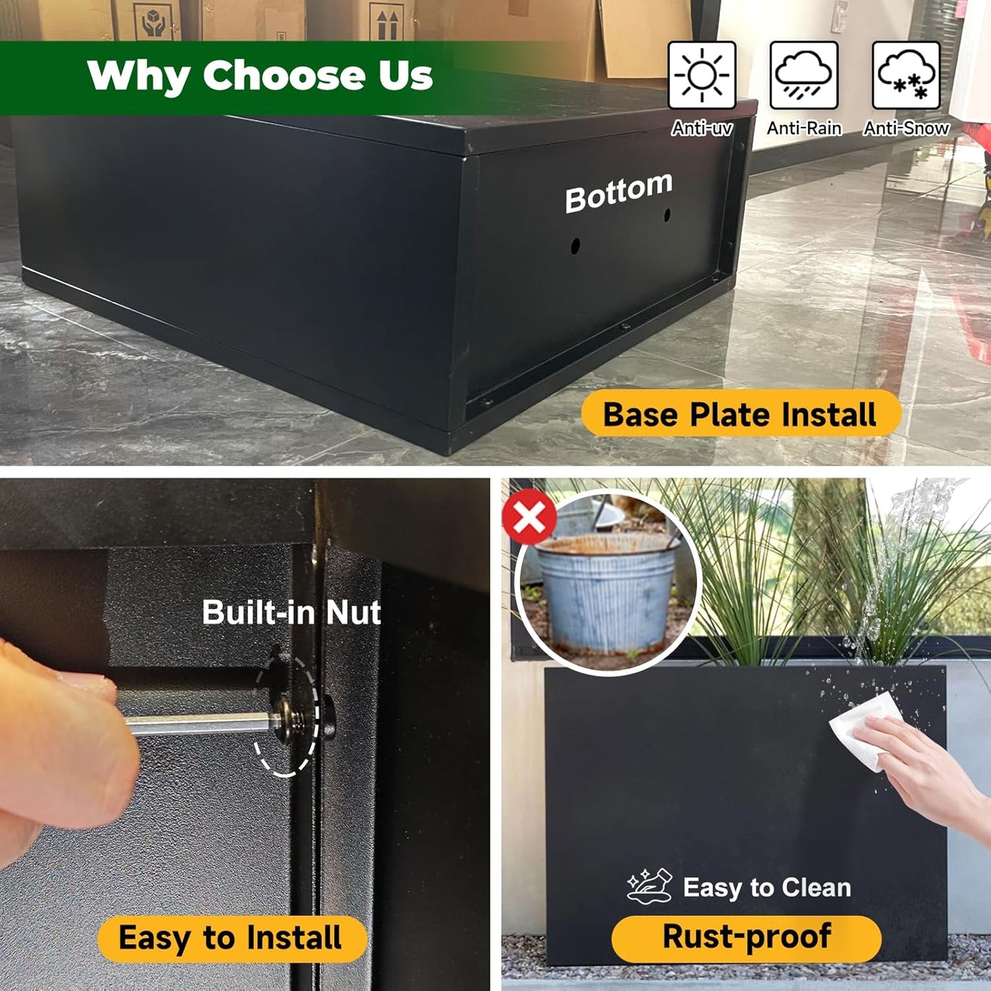 Black Steel Metallic Heavy Planter for Outdoor Plants 24"x12"x24" Outdoor Metal Planter Spliced Flower Pot with Partitions for Outside,Indoor,Garden (Black, 24 * 12 * 24)