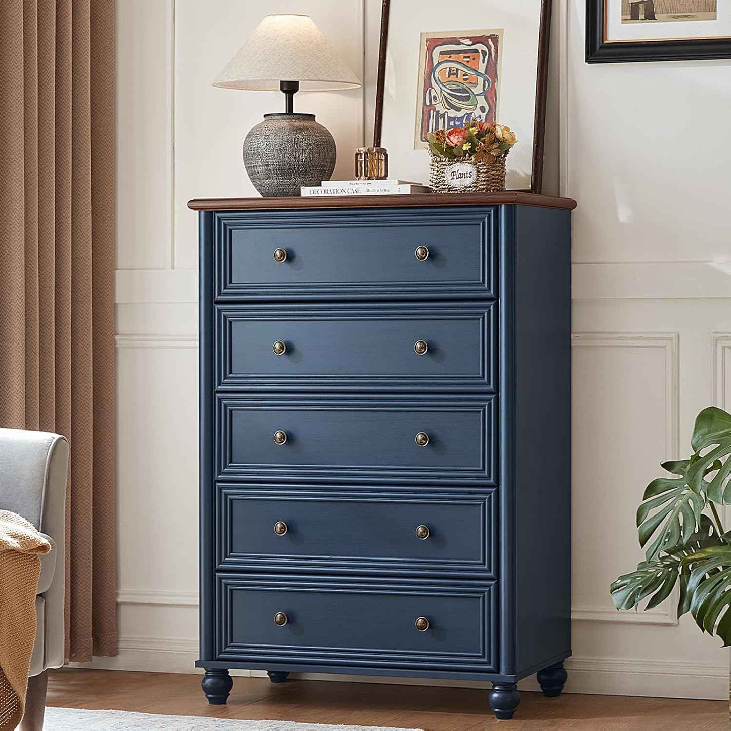 Farmhouse 5 Drawers Dresser for Bedroom, Wood 45" Tall Chest of Drawers, Dresser Rustic Storage Dressers Organizer with Metal Handle Closet for Living Room, Hallway Entryway