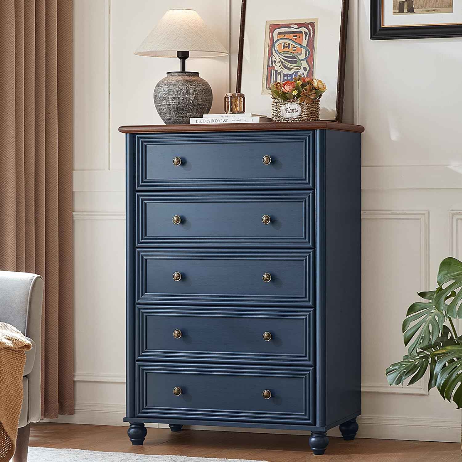 Farmhouse 5 Drawers Dresser for Bedroom, Wood 45" Tall Chest of Drawers, Dresser Rustic Storage Dressers Organizer with Metal Handle Closet for Living Room, Hallway Entryway