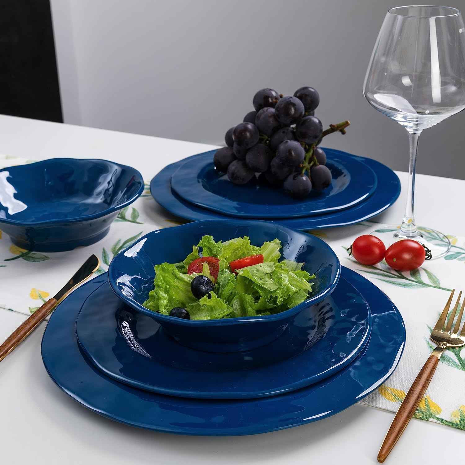 LEHAHA Blue 18-Piece Dinnerware Place Setting, Melamine Dishes for Indoor and Outdoor Dining, BPA Free, Reusable, Lightweight, Dishwasher Safe, Not Microwaveable