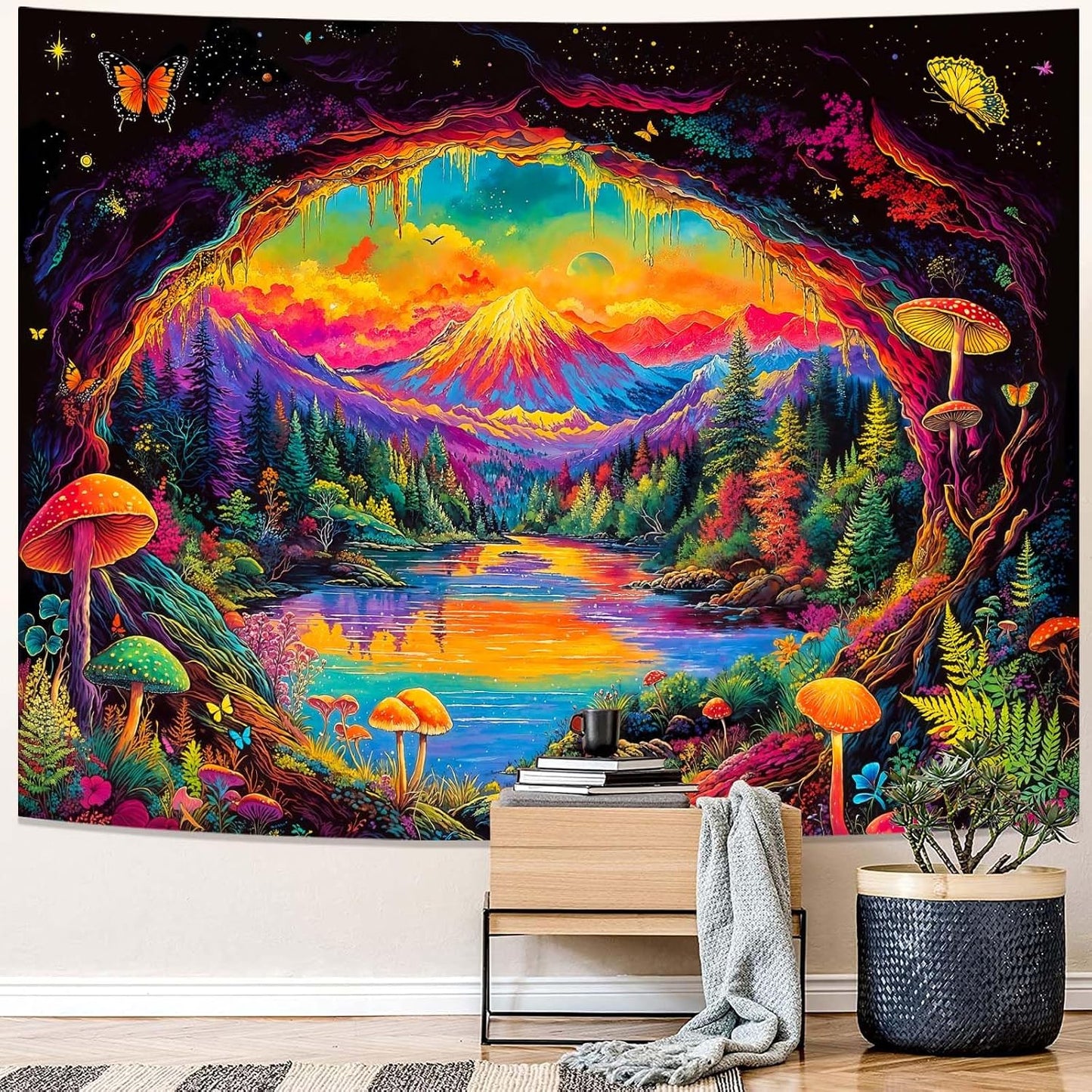 Haibimen Blacklight Landscape Tapestry Wall Hanging Forest Mushroom Aesthetic Tapestries for Bedroom Nature Mountain Lake Wall Art for Living Room, Dorm Decor (lake, 80''×60'')