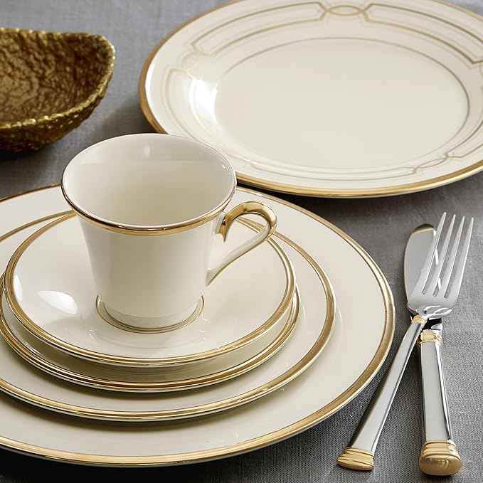 Lenox Dinnerware Set, Eternal 5-Piece Place Setting, 24-Karat Gold Accents Set, Service for 1, Made Of Ivory Porcelain, Dishwasher Safe, Plates, Cups And Saucers, Home And Kitchen (Ivory, 5 Pcs)