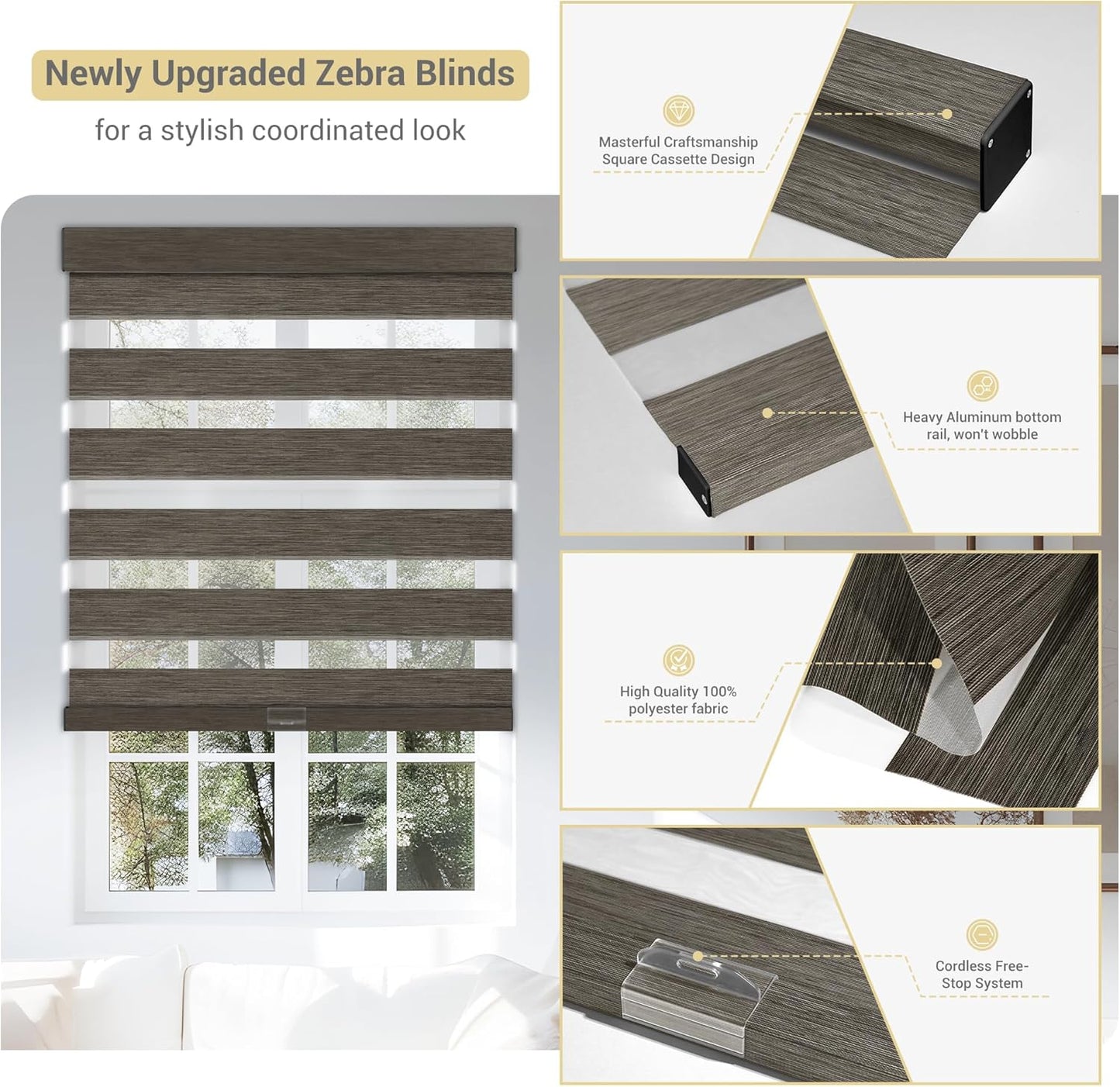 Cordless Zebra Blinds for Windows, Blackout Interior Blinds,Easy to Install,UV Protection,for Offices and Home,Custom Roller Shades, Mousse Dark Bown,36" W x 72" H
