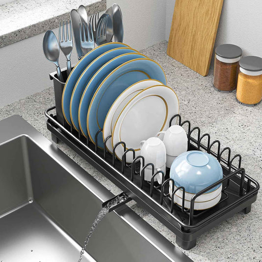 XYZLVSI Small Sink Dish Drying Rack with Drainboard, Compact Dish Drainer for Kitchen Countertop, Rustproof Plate Organizer with Utensil Holder, Black