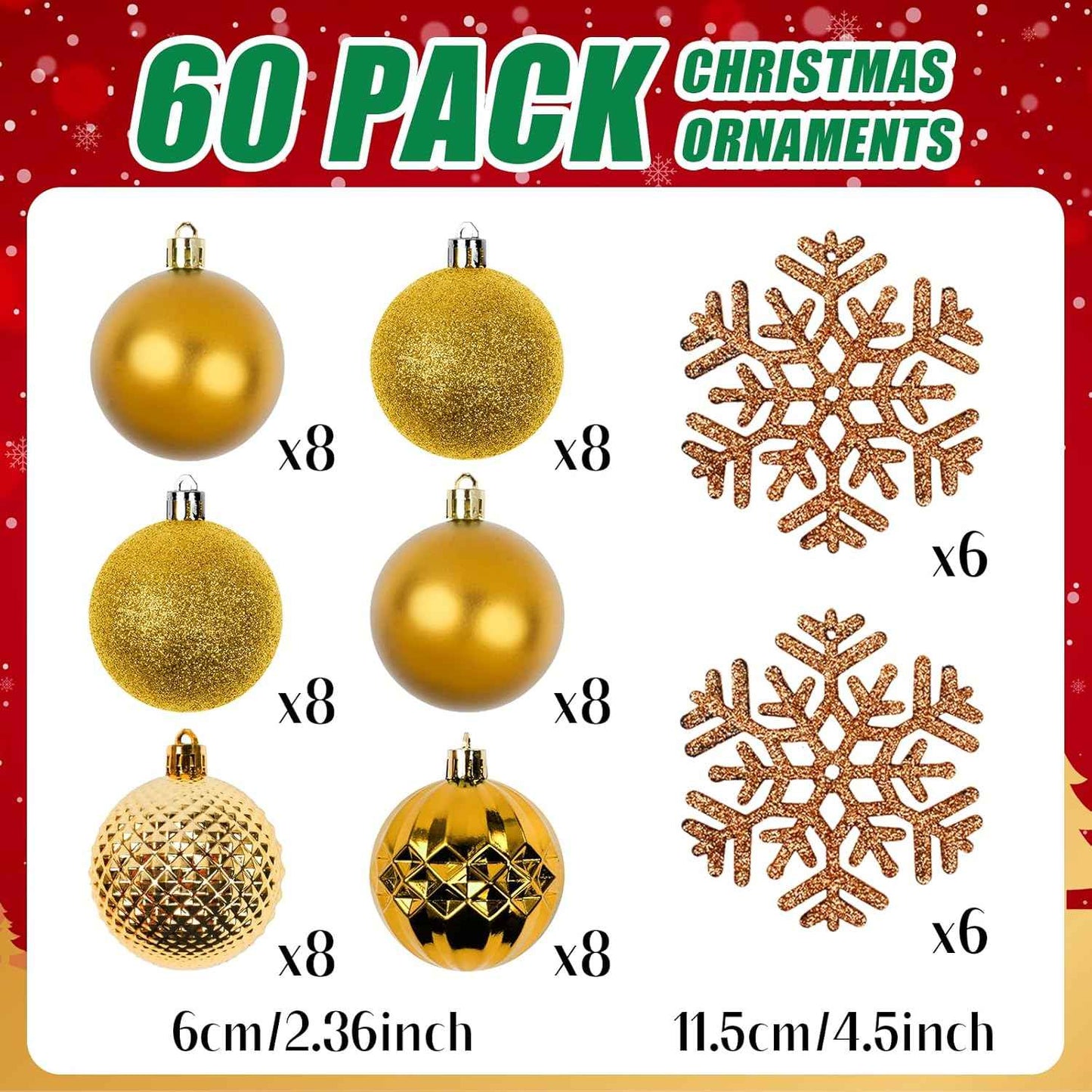Christmas Tree Decorations Ornament Set, 60ct 2.36 Inches Gold Shatterproof Christmas Ball Ornaments, Hanging Ball for Xmas Holiday Wedding Party Decor