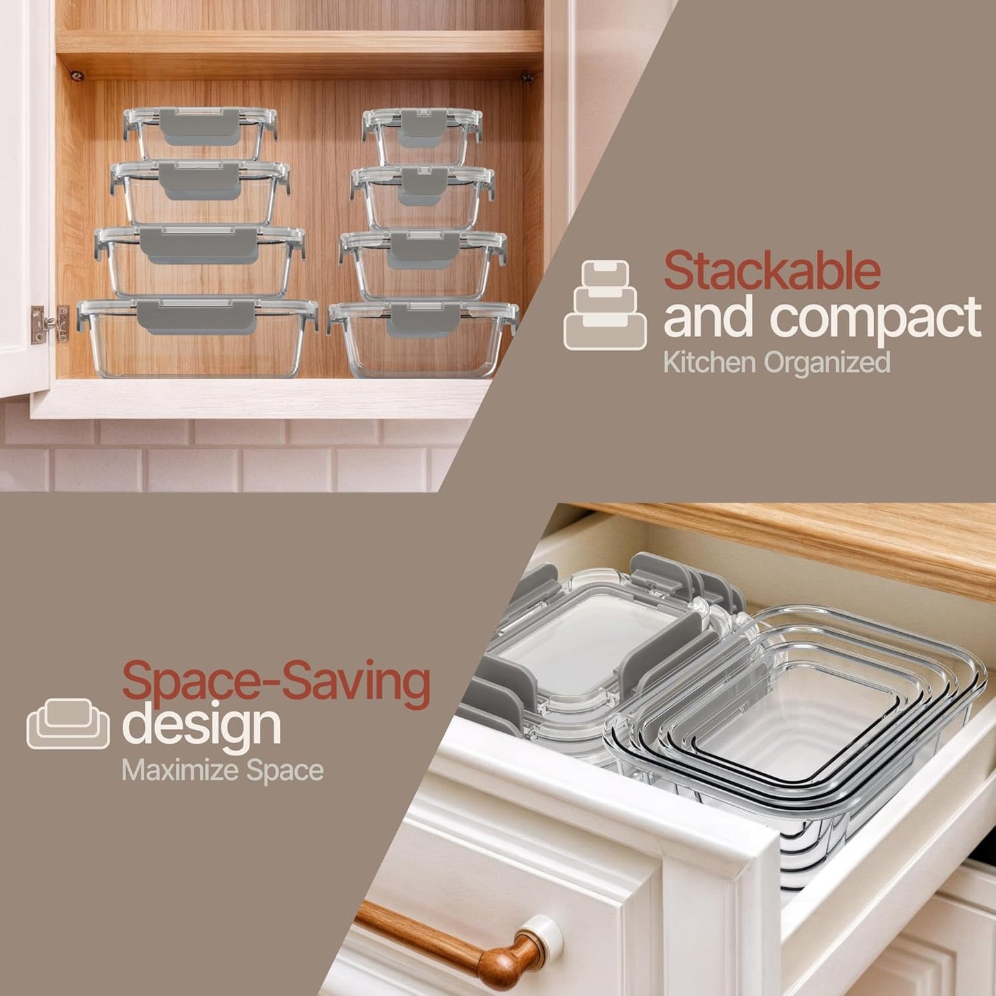 Bakken Borosilicate Glass Food Storage Containers with Lids 24 Pieces, BPA-Free Stackable Lunch & Leftover Containers, Microwave, Freezer & Dishwasher Safe, 100% Airtight Leak-Proof, Gray