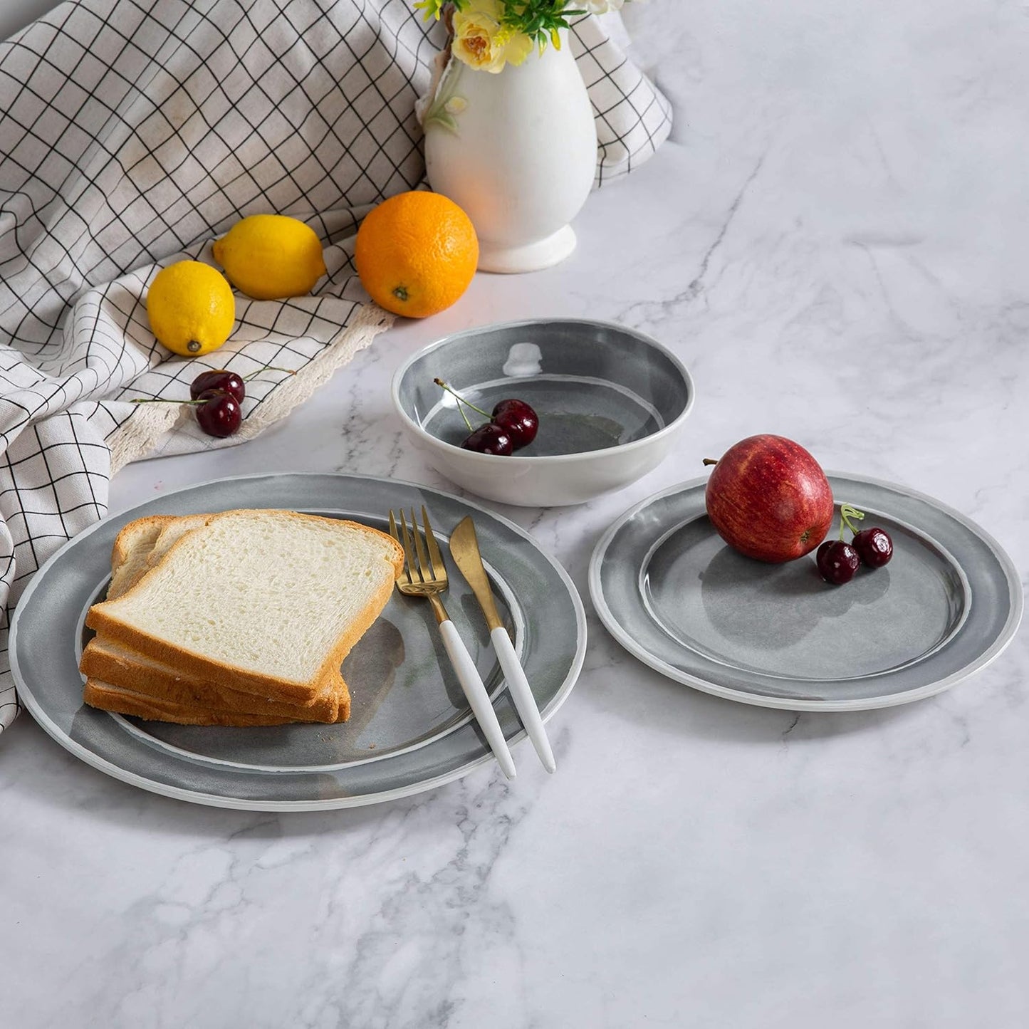 Melamine Dinnerware Set - 12pcs Dishes Dinnerware Set for 4, Indoor and Outdoor use, Dishwasher Safe, Break-resistant, Lightweight, Gray
