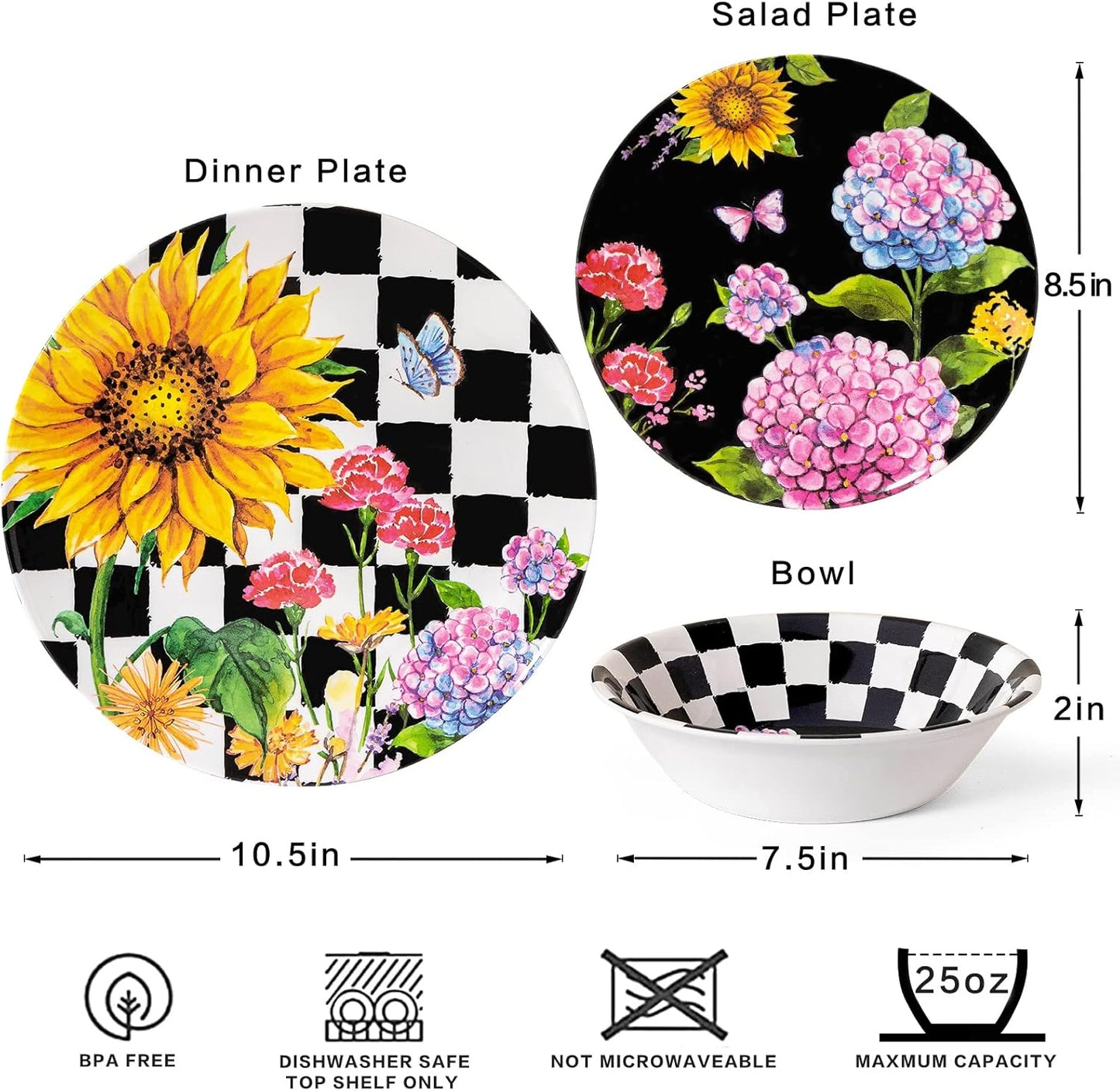 LEHAHA Sunflower 12-Piece Melamine Dinnerware Set Include Plates/Dishes and Bowls, Service for 4, BPA Free and Unbreakable Black Plaid Floral Dish Set for Indoor and Outdoor Use…