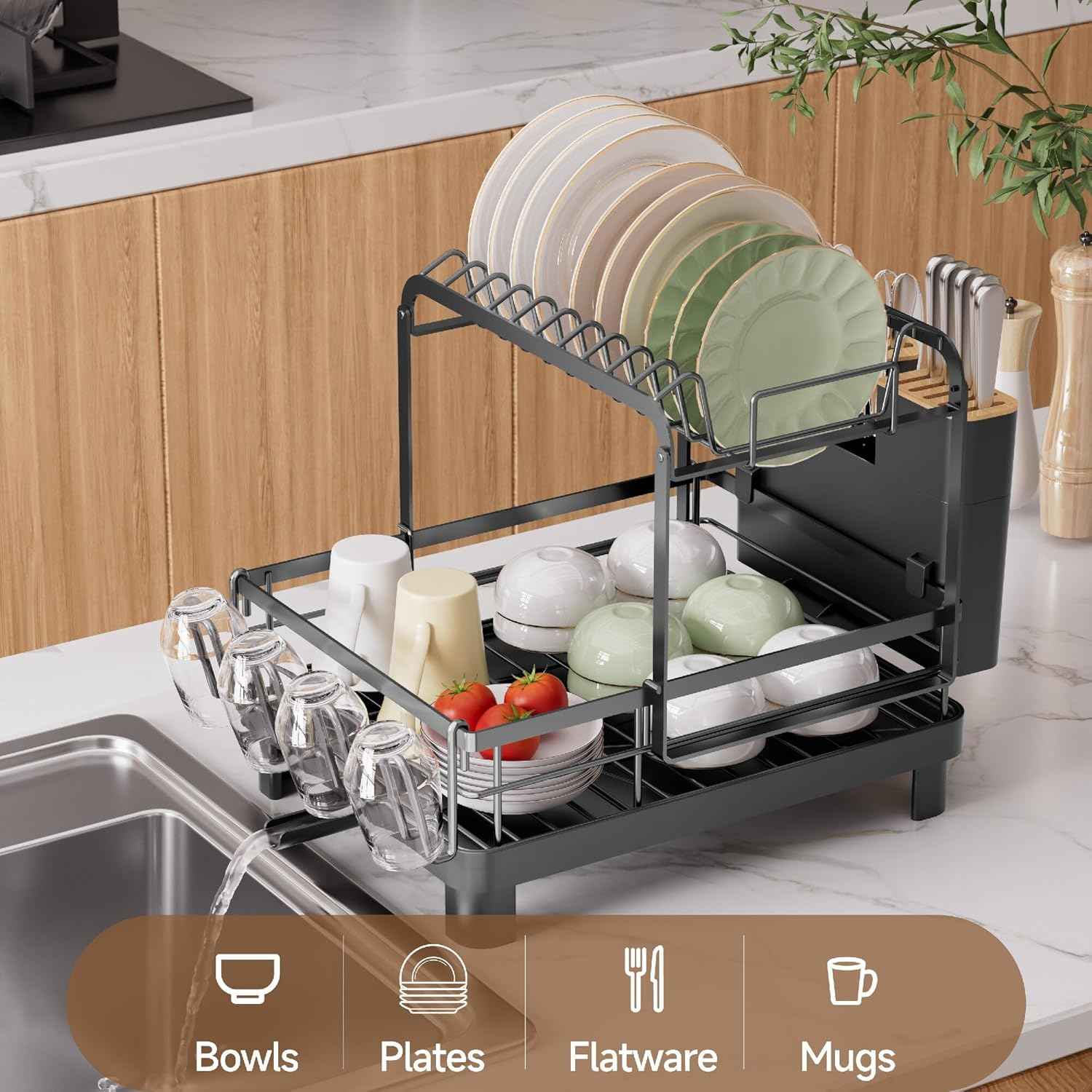 Runnatal 2-Tier Dish Drying Rack, Large Dish Rack with Drainboard Set, Detachable 4-in-1 Large Capacity Dish Drainer Over The Sink Anti-Rust for Kitchen Counter, Black