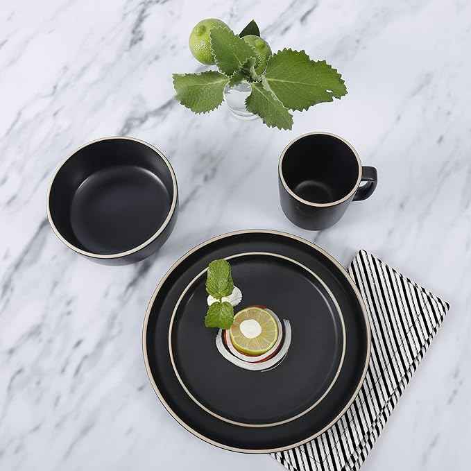 Gibson Home Zuma 16 Piece Round Kitchen Dinnerware Set, Dishes, Plates, Bowls, Mugs, Service for 4, Matte Stoneware, Black