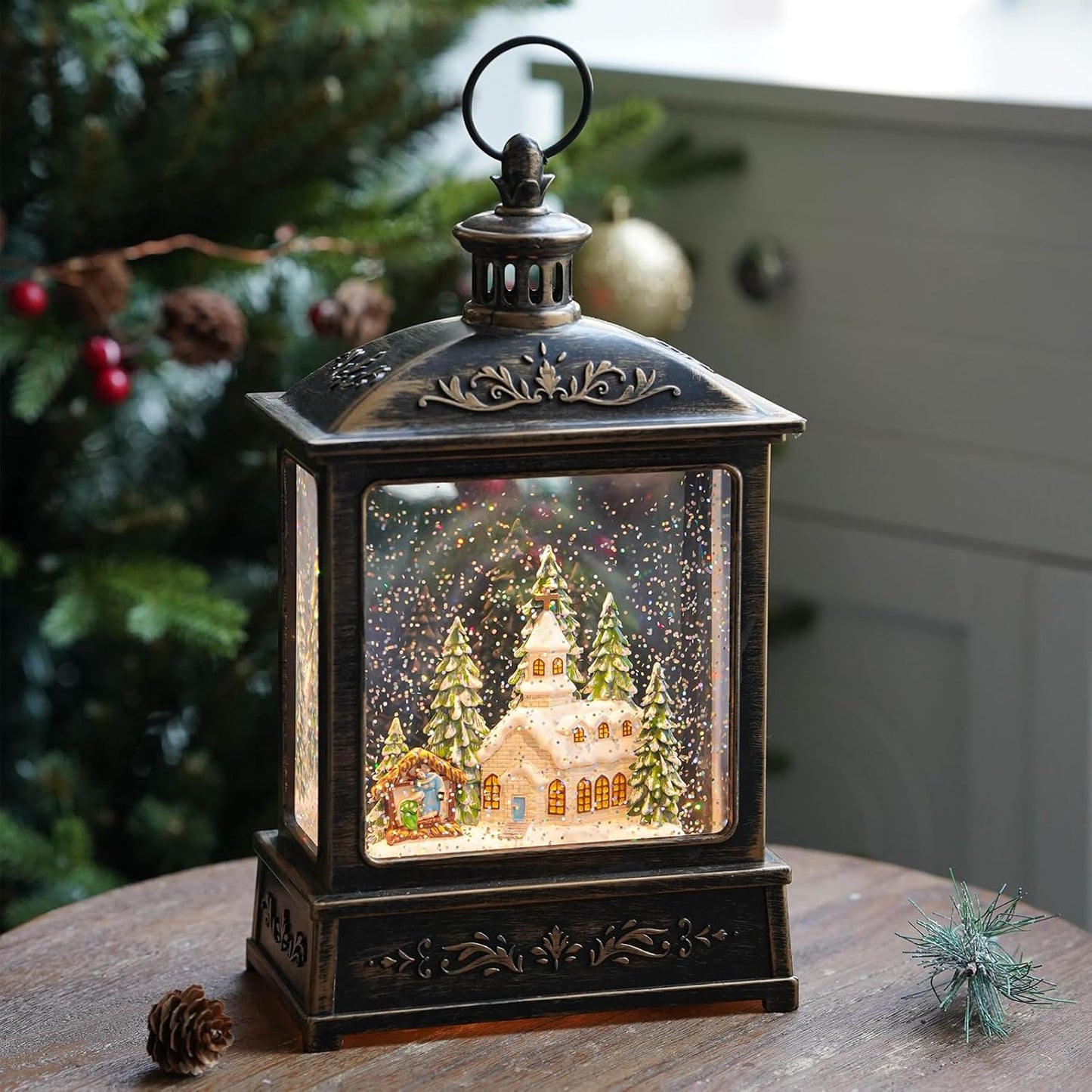 Christmas Snow Globe Lantern Water Glittering Churche & Manger Scene with Music & Timer, USB Lined/Battery Operated Lighted Lantern for Christmas Festival Decoration Gifts