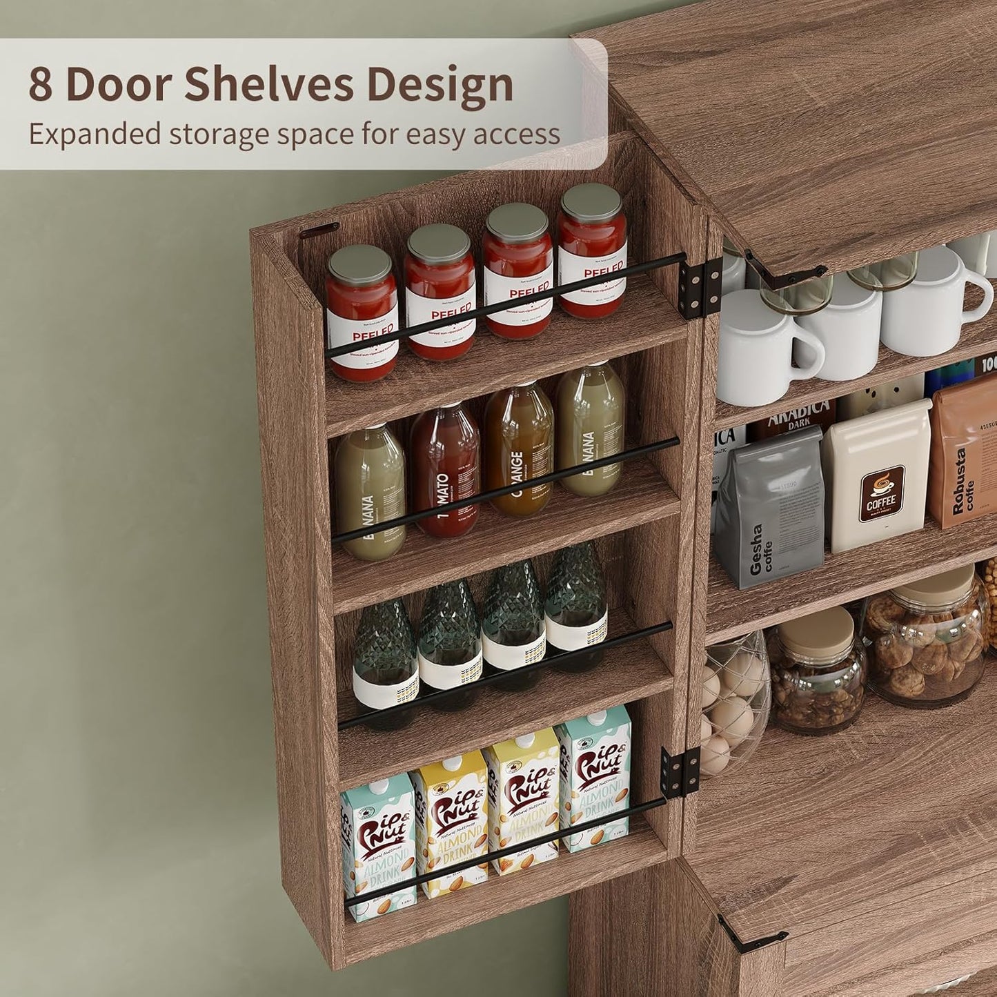 72'' Kitchen Storage Pantry Cabinet, Tall Storage Cabinet with 8 Door Shelves, 2 Cabinets and 1 Drawer, Freestanding Cupboard for Kitchen, Dining Room, Bathroom, Laundry, Living Room, Espresso