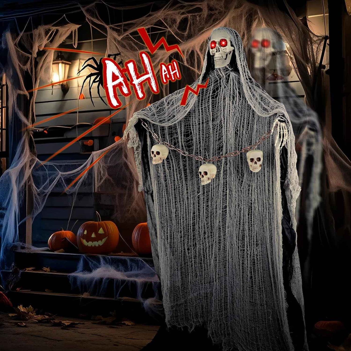 Outdoor Halloween Decorations, 71" Halloween Animatronics Decor Led Light Eyes Sound&Touch Activated Scary Haunted House Decor with Spooky Sound Adjustable Arm for Party Yard Lawn Outdoor Indoor