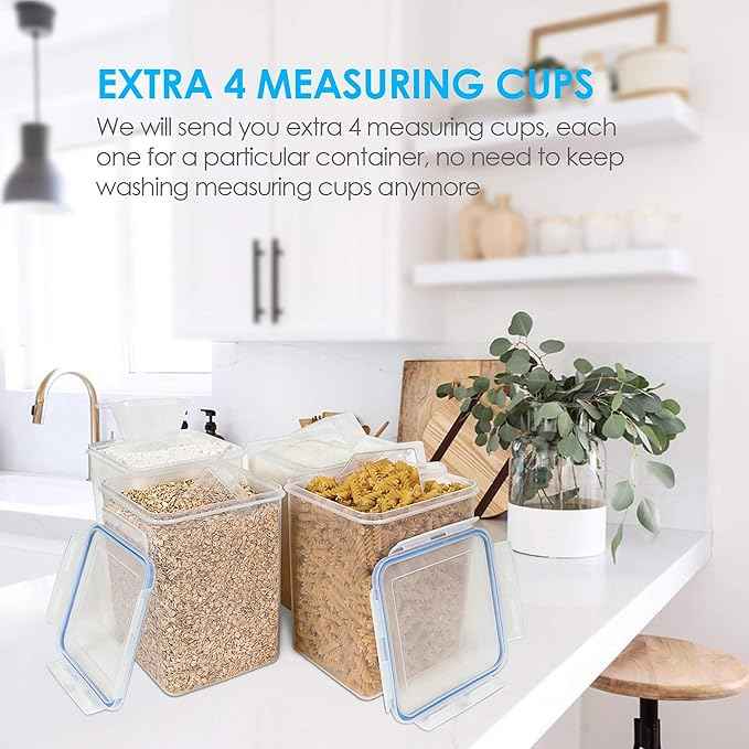 Vtopmart Large Food Storage Containers 5.2L / 175oz, 4 Pieces BPA Free Plastic Airtight Canisters for Flour, Sugar, Baking Supplies, Rice with Lids, 4 Measuring Cups and 24 Labels, Blue