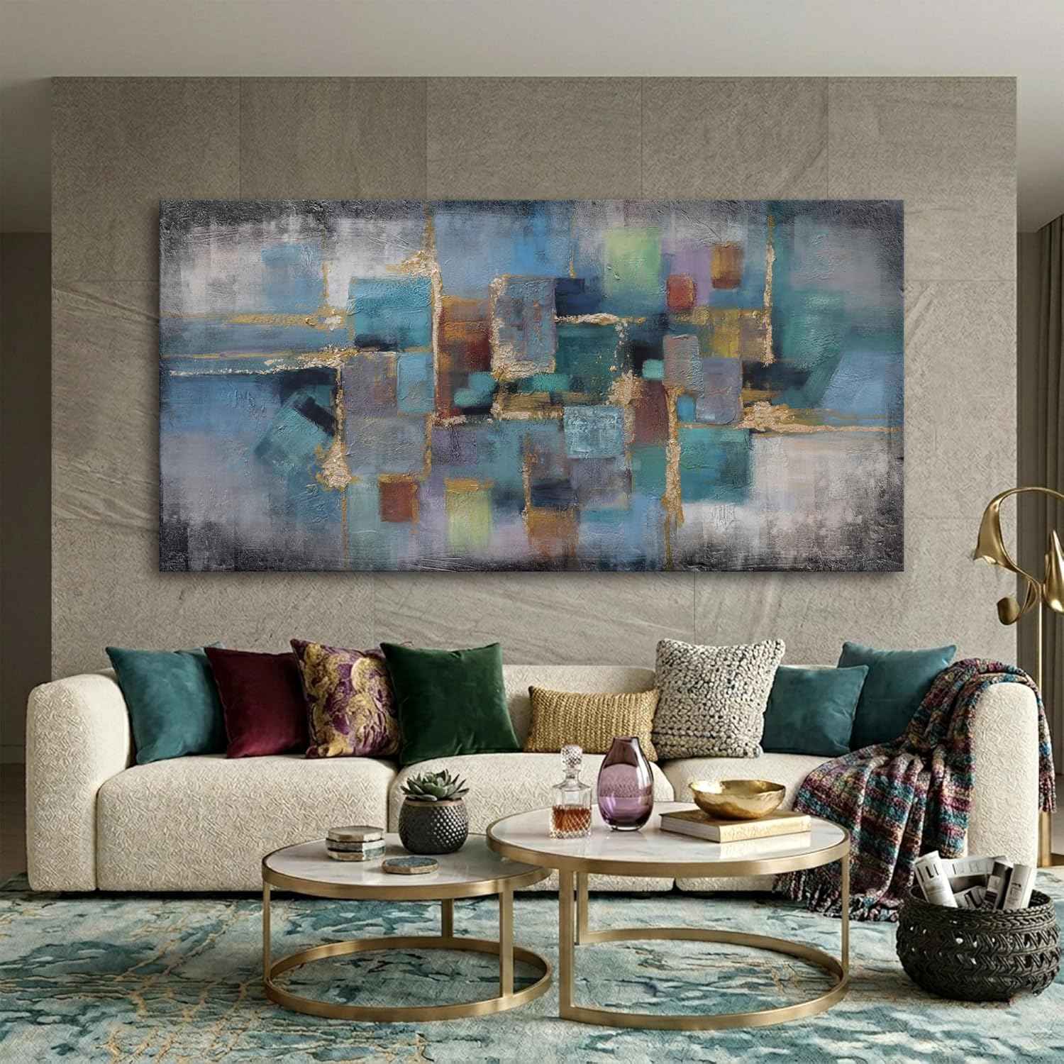 Blue and Gold Abstract Canvas Wall Art - Modern Framed Pictures for Living Room, Bedroom, Office - Large Black Framed Wall Decor - Large Extra Contemporary Artwork for Walls 24×48IN