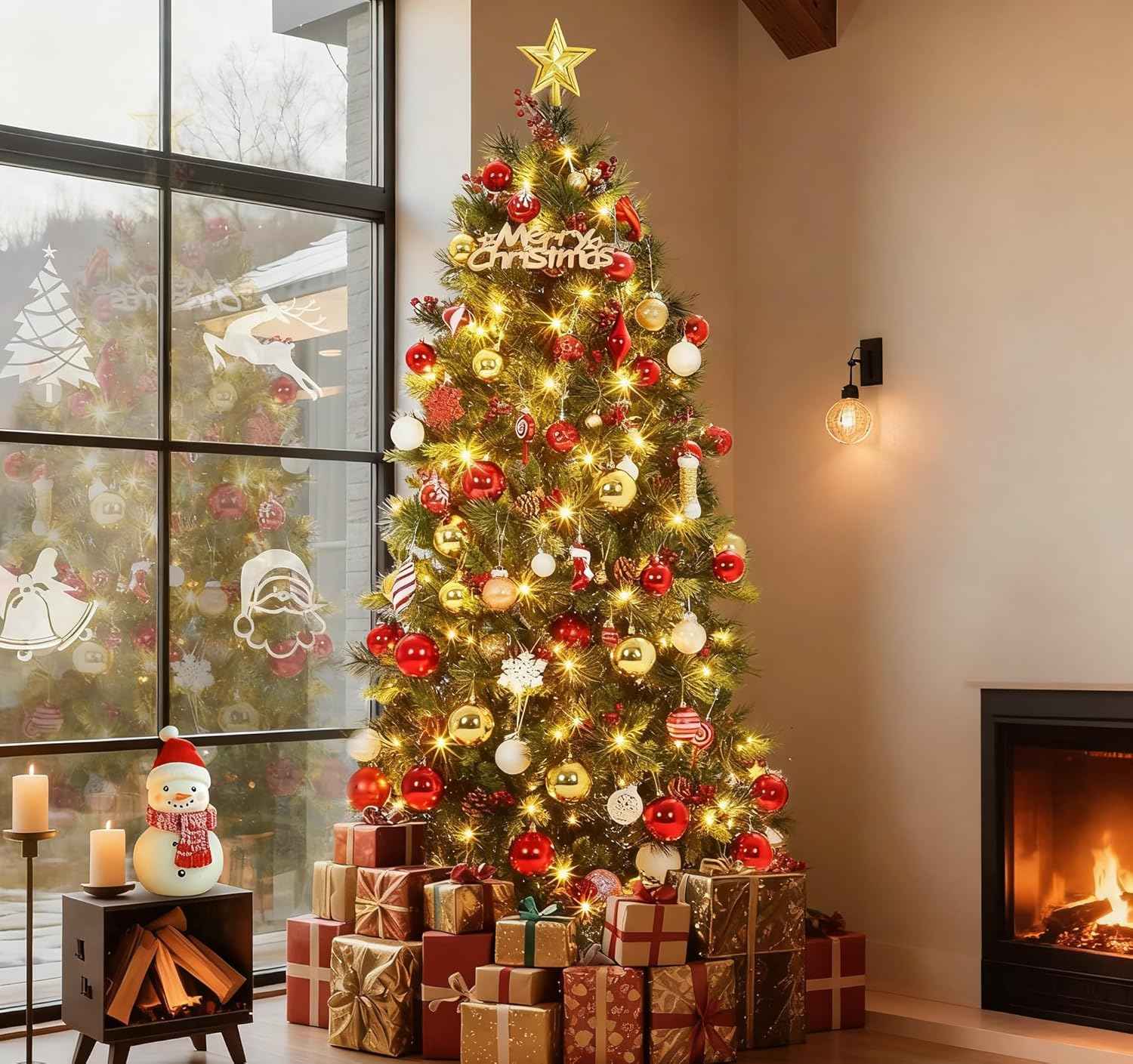6 Ft Pre-lit Artificial Christmas Tree,Spruce Prelit Christmas Trees for Home,Office,Party Thickened PE&PVC Branch Tips & UL Listed Lights Incandescent Warm White,Fire-Resistant Automatic Branches