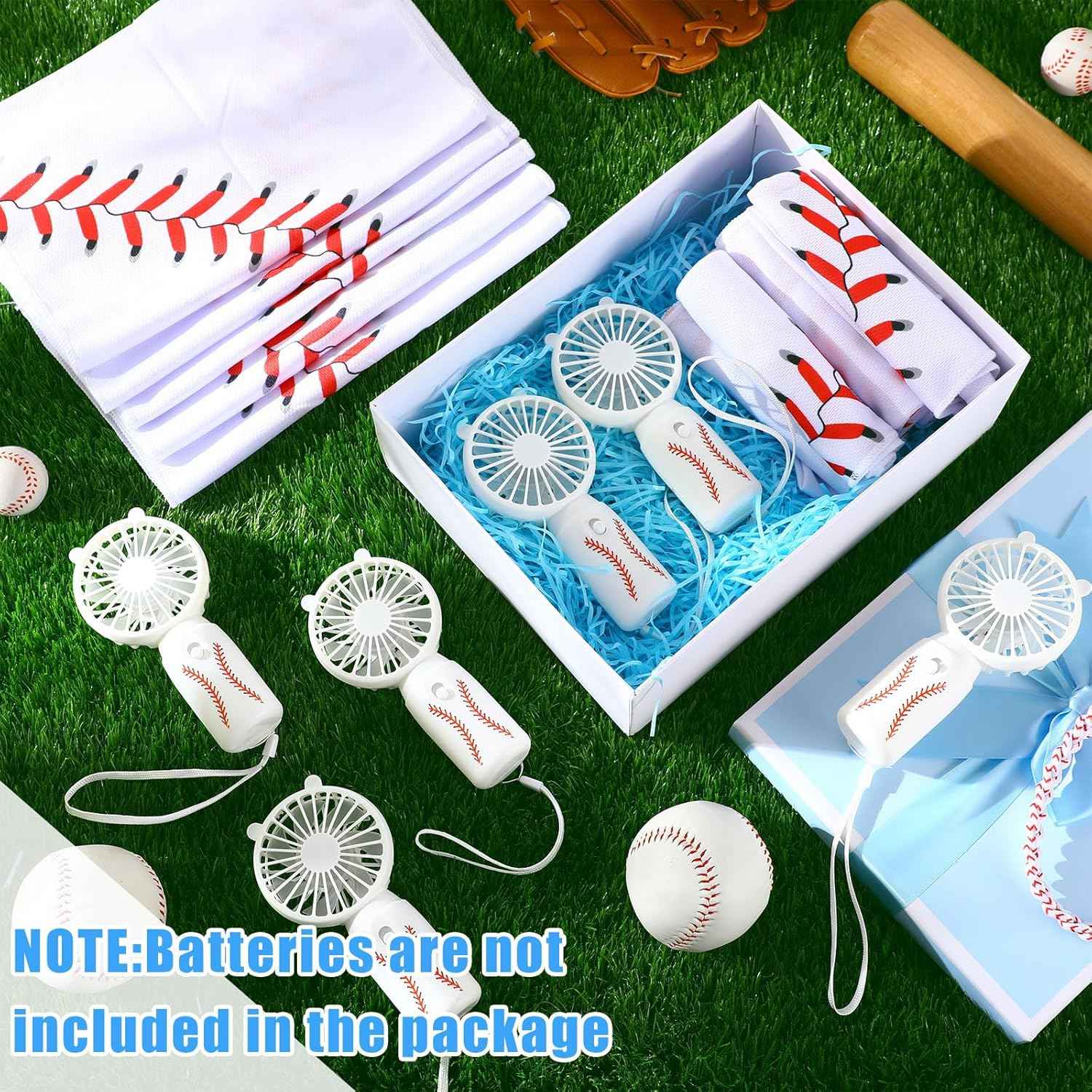 Glooglitter 24 Pcs Baseball Cooling Towels and Fans Set Mini Handheld Fans Bulk 32 x 12 Inch Ice Towel Chilly Handheld Battery Powered Fan Sport Gifts for Summer Team Gift Travel Camping Makeup Yoga