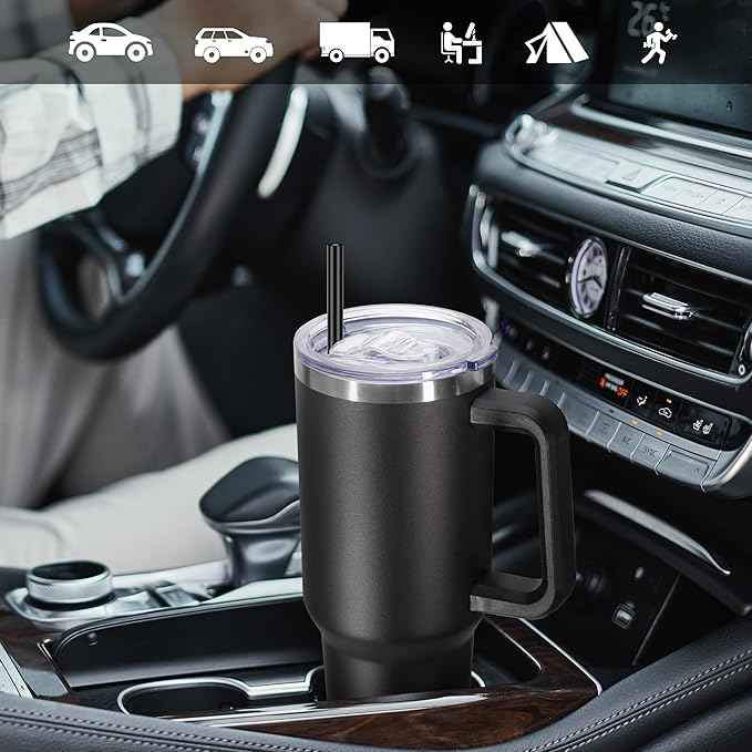 DOMICARE 40 oz Tumbler with Handle and Straw, Stainless Steel Tumbler with Lid and Straw, Reusable Vacuum Insulated Cup, Travel Coffee Mug, Black, 4Pack