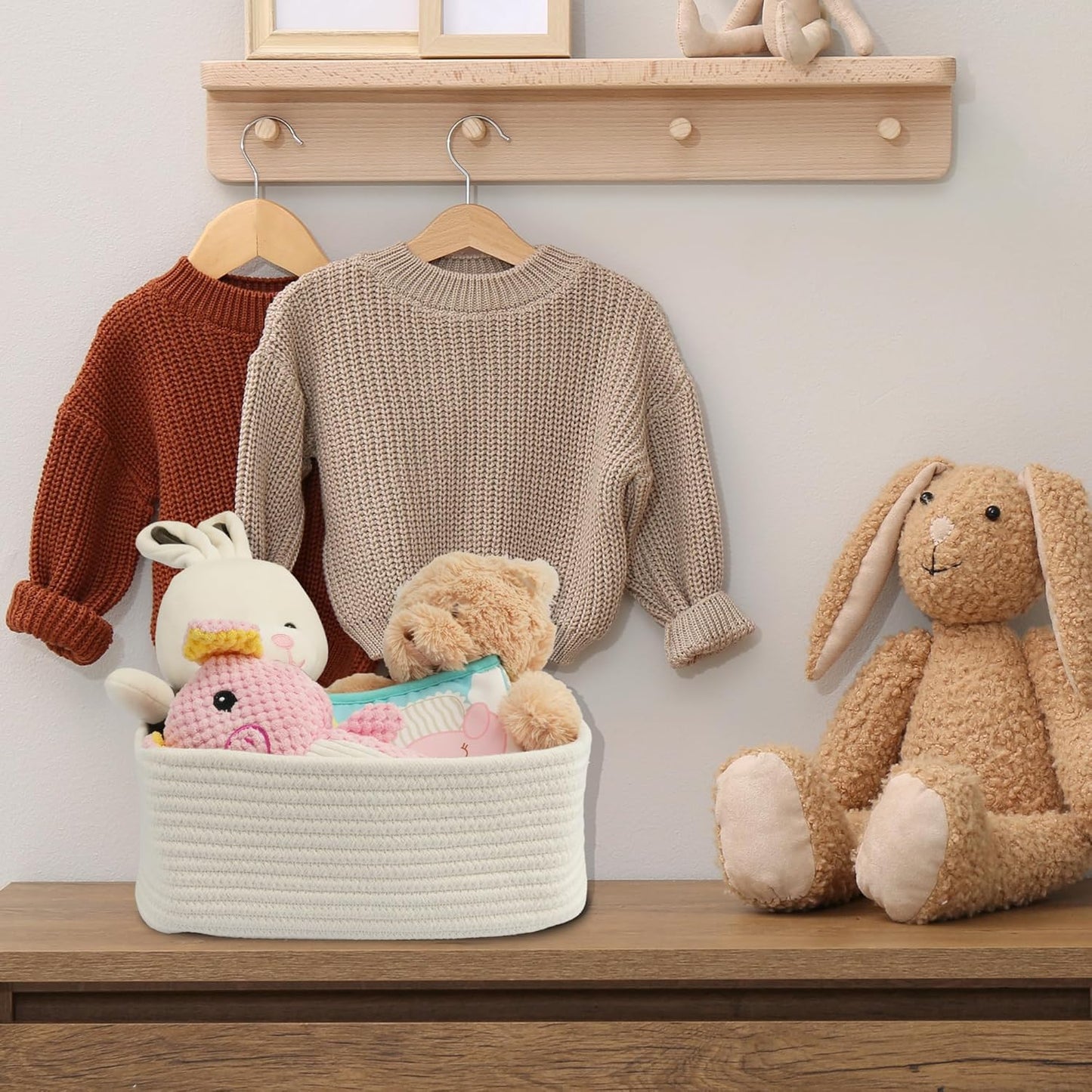 Small Woven Storage Baskets 13“X9”X5“ Decorative Rope Bins for Organizing Shelves, Closets, and Toys, Empty Gift Baskets, Cute Organizer Basket for Home and Office White Large