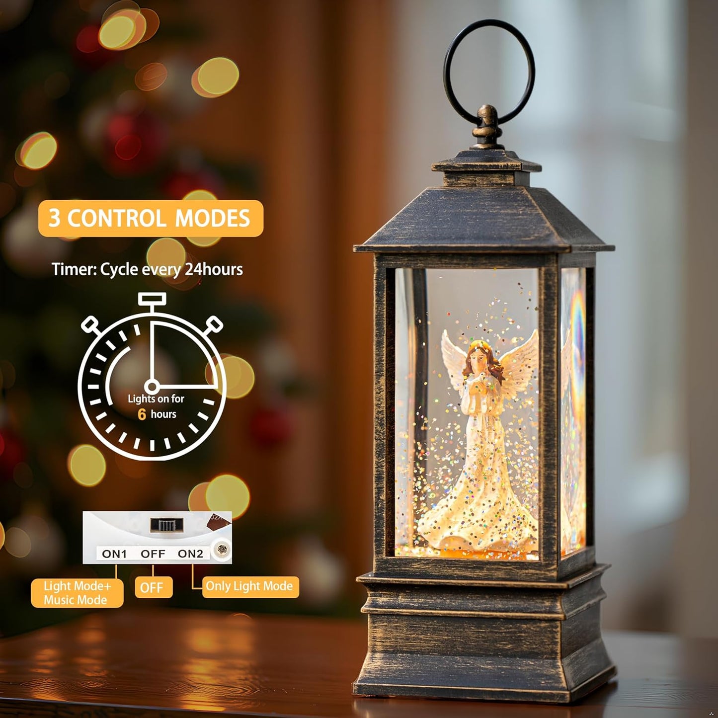 Christmas Snow Globe Lantern Water Glittering Angel with Dove, USB Lined/Battery Operated Lighted Lantern for Christmas Festival Decoration Gifts