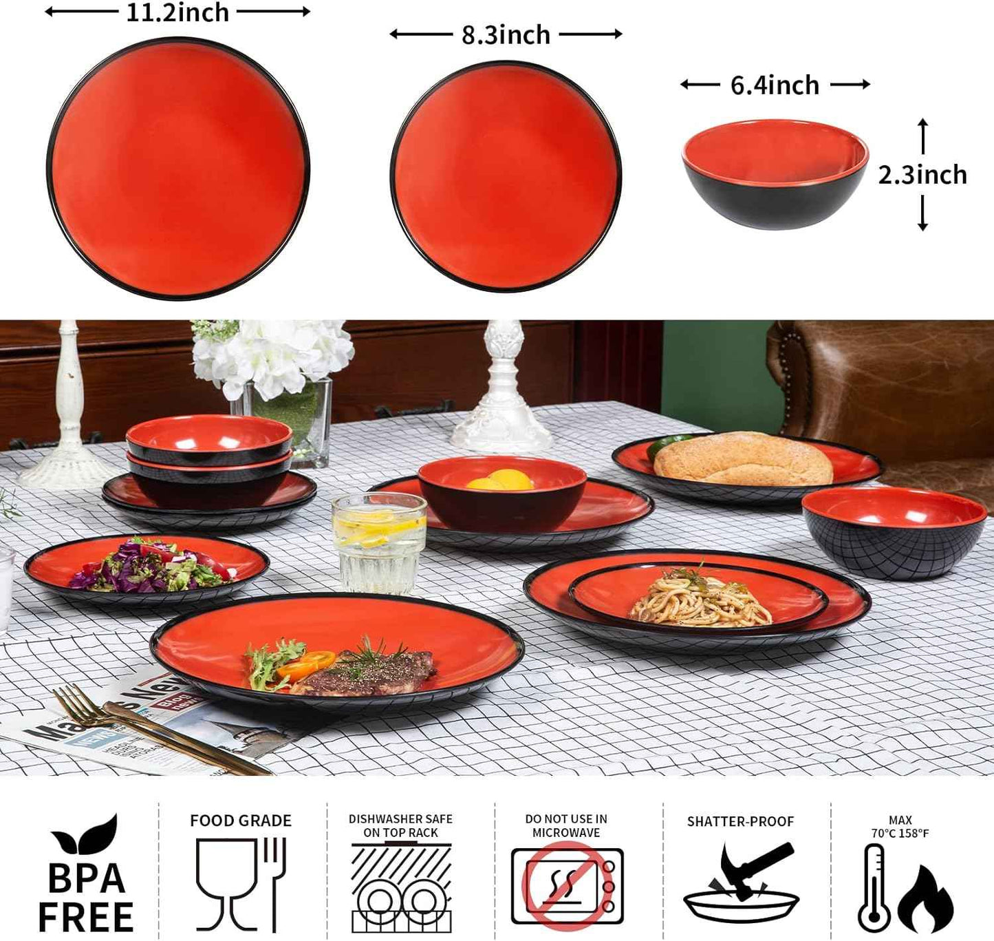 Melamine Dinnerware Set - 12pcs dinnerware set Indoor and Outdoor use, Plates and Bowls Set for 4, Two-color Design Dishes, Dishwasher Safe (Red+Black)