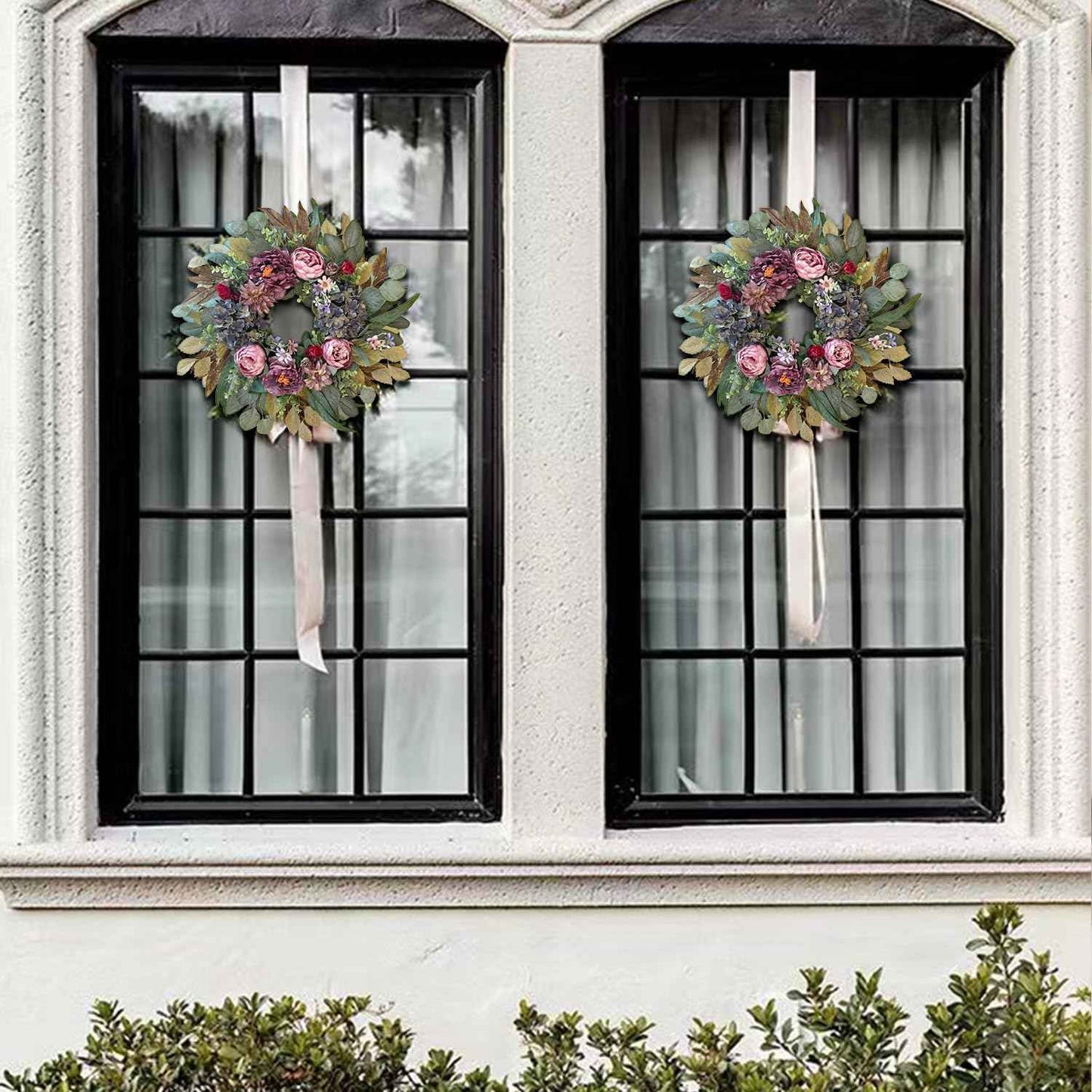 WANNA-CUL 24 Inch Spring Wreaths for Front Door Decor, Spring Front Door Wreath with Pink&Purple Peony Floral and Vintage Blue Hydrangea Flower for Wedding or Indoor&Outdoor Wreath Decoration