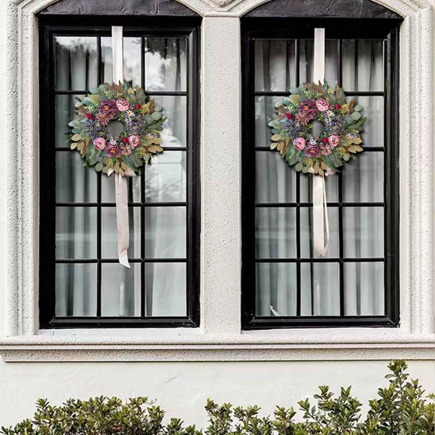 WANNA-CUL 24 Inch Spring Wreaths for Front Door Decor, Spring Front Door Wreath with Pink&Purple Peony Floral and Vintage Blue Hydrangea Flower for Wedding or Indoor&Outdoor Wreath Decoration