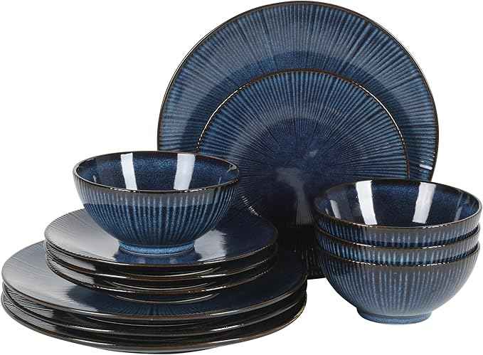 Gibson Elite Midnight Lune Plates and Bowls Sets, 12-Piece Stoneware Dinnerware Sets, Reactive Glaze Dish Set - Blue