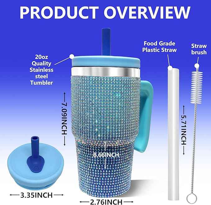 2PCS 20-OZ Insulated Water Bottle,Insulated Stainless Steel Tumbler,Reusable Cold Drink Thermos,BPA-Free, Double-Wall Stainless Steel Water Bottle (Royal Blue - Diamonds, 20, Fluid Ounces)
