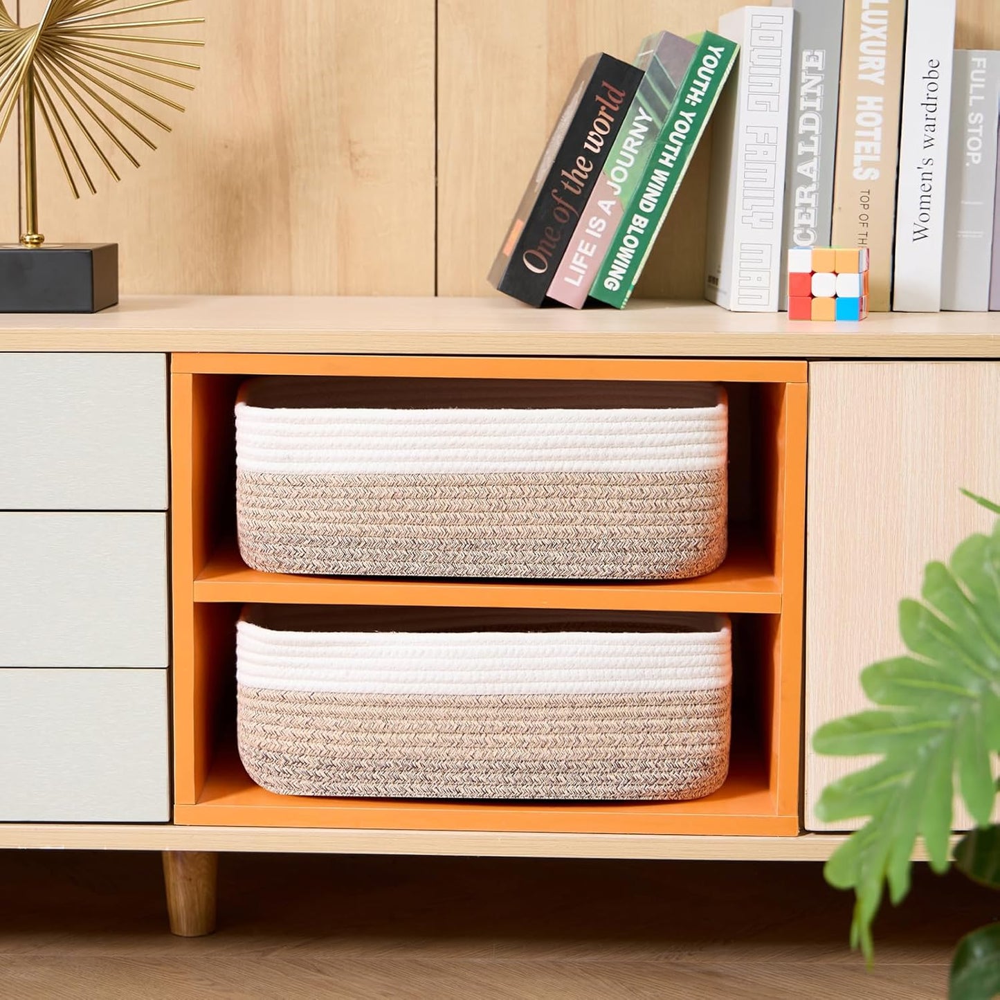 Large Shallow Organizing Baskets 15x11x5.1 Inches - Rope Woven Storage Bins for Bathroom, Shelves, Cube Closet, Gradient Brown 2 Packs