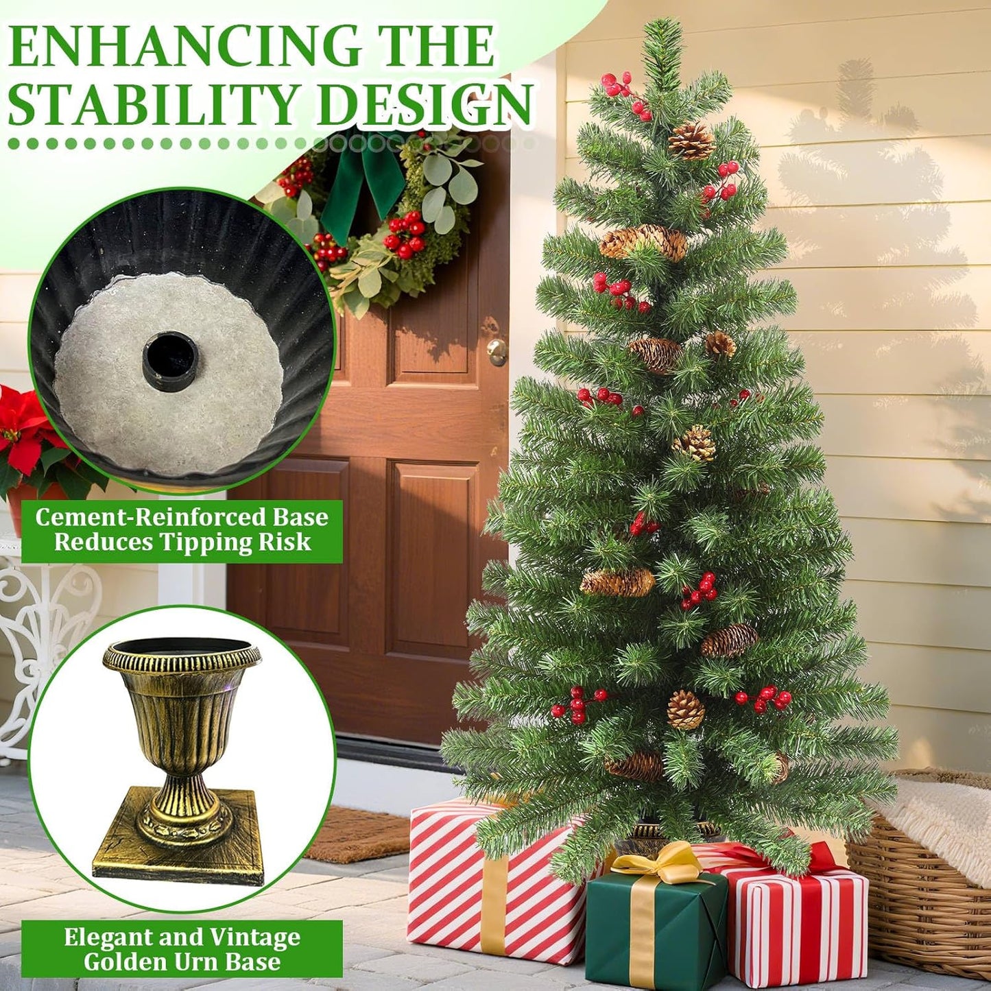 2 Pack 4 Ft Artificial Potted Christmas Tree with 60 LED Lights,Warm White and Colored Changing,8 Lighting Mode&Timer,Mini Small Xmas Tree, Battery Operated,Outdoor Front Door Porch Home Decoration