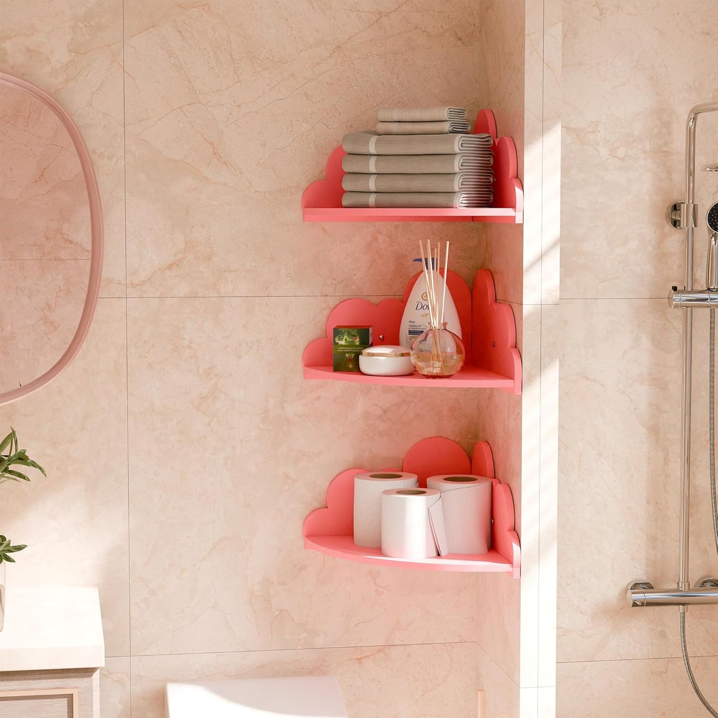Cloud Floating Corner Shelves - Set of 3 Corner Wall Shelves for Kid’s Room, Corner Shelf Nursery Wall Deor, Small Cute Cloud Dispaly Shelf Wall Mounted for Toys, Plants & Storage,Pink.