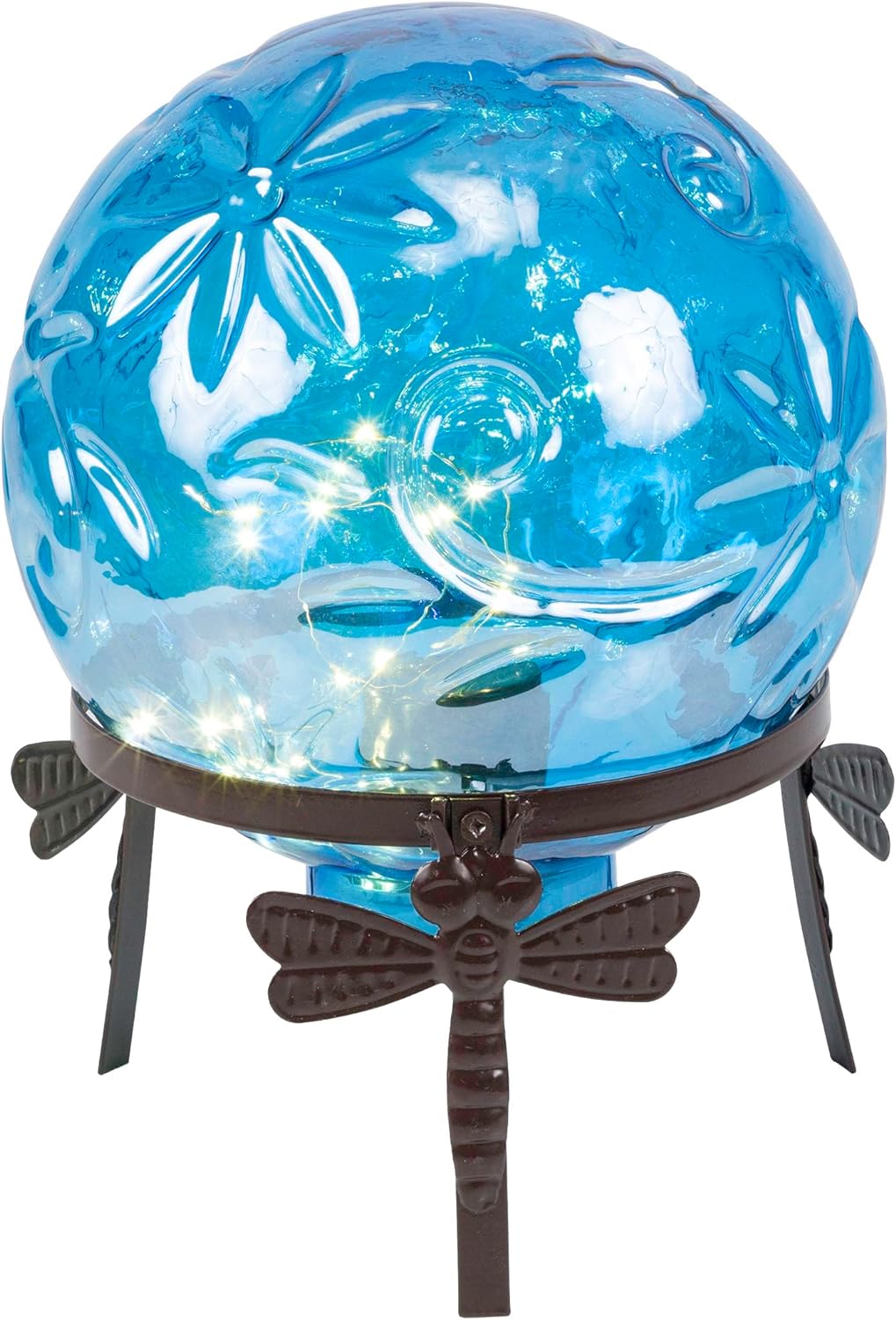 Alpine Corporation 13" Tall Indoor/Outdoor Pearlized Blue Glass LED Gazing Globe with Stand