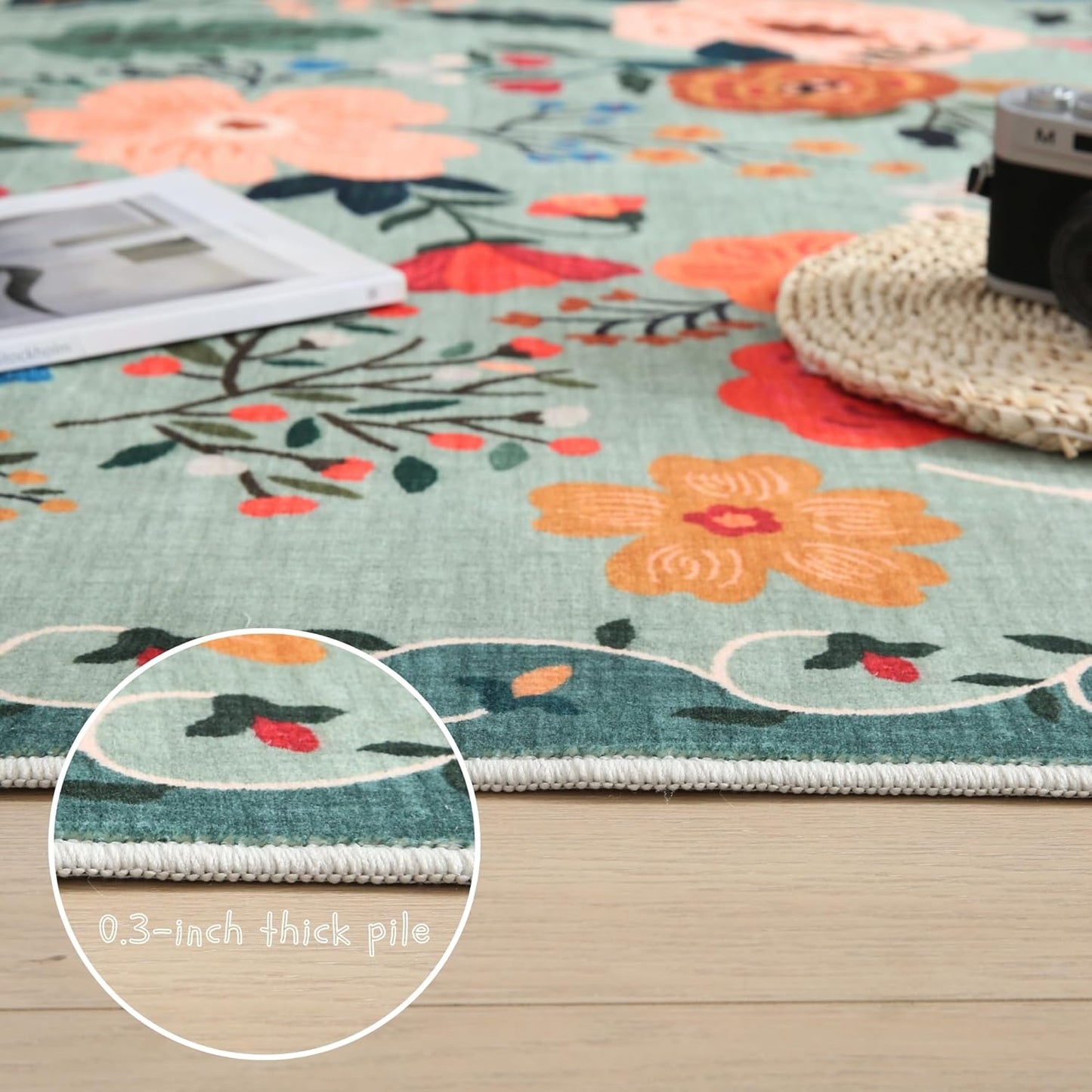 Area Rugs 8x10 Rug for Living Room Clearance Washable Boho Area Rug Non Slip Floral Vintage Low Pile Large Rug for Living Room, Bedroom, Farmhouse, Dining Room, Kids Playroom(Green)