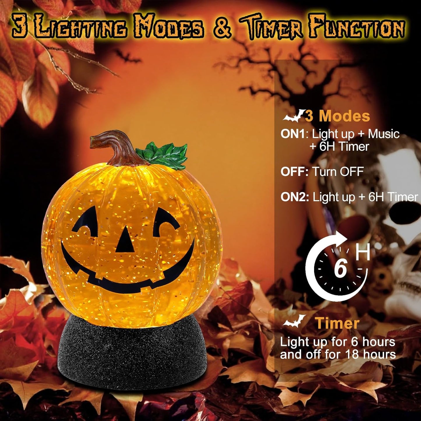 Halloween Snow Globe Lantern Pumpkin Lighted Halloween Snow Globes Battery Operated or USB Powered with 6H Timer Musical Snow Globe Glitter for Spooky Party Home Table Decorations (Pumpkin)