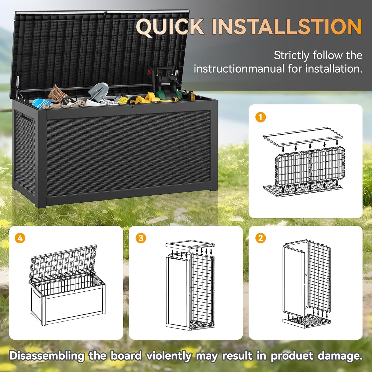 KAMABOKO 260 Gallon Outdoor Storage Box, Resin Deck Boxes Indoor and outdoor, Waterproof Storage Box Lockable Lid for Garden Tools, Package Delivery, Patio Cushions, Black