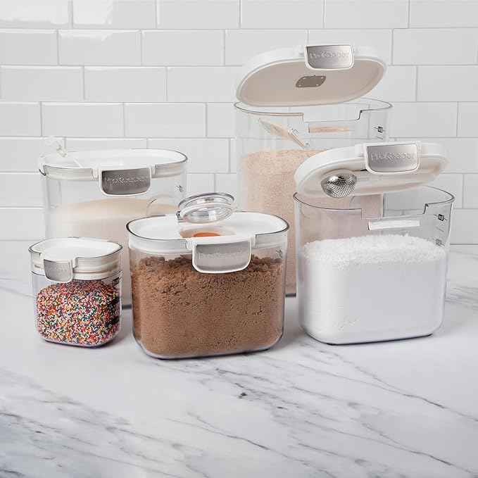 ProKeeper+ Airtight Food Storage Container Set – Clear Plastic Flour and Sugar Canister Set with Magnetic Accessories for Kitchen Organization (White, 9-Piece)