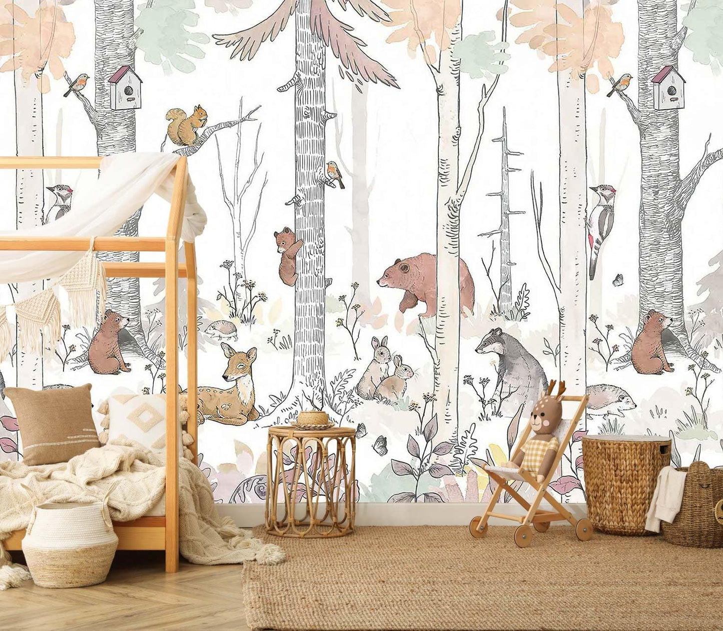 Jdayda Kids Tree Wallpaper Mural Cute Animals Plants Birds Wallpaper for Nursery Boys Girls Bedroom Living Room (Not Self-Adhesive)