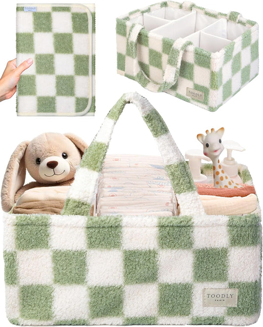 Checkered Diaper Caddy Organizer with Portable Changing Mat - Teddy Fleece Diaper Organizer for Changing Table - Caddy Organizer with Removable Dividers - Green and White