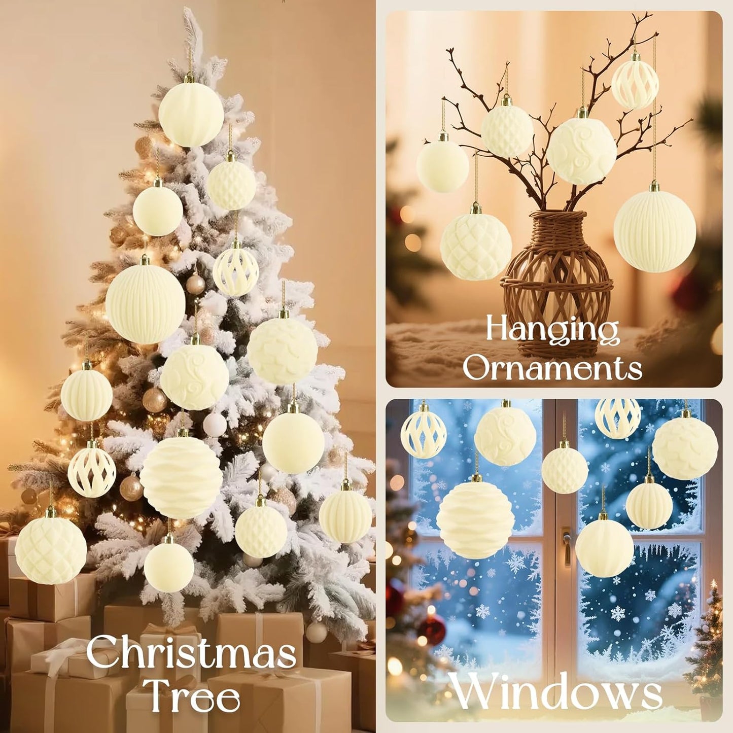 18Pcs Velvet Christmas Tree Ornaments Set, White Flocked Hanging Christmas Balls Ornaments, Shatterproof Decorative Hanging Balls Decorations Assortment for Xmas Tree Holiday Winter Home Party Decor