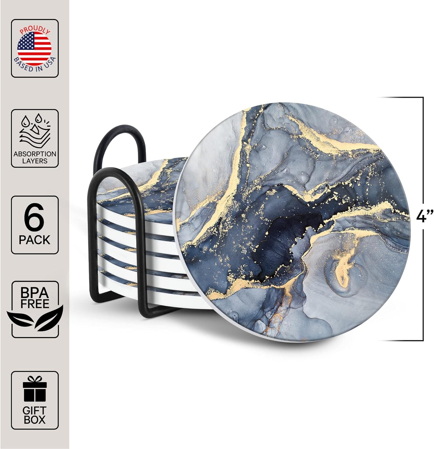 Emerson Coasters for Drinks Absorbent – Saucers Coffee Table Set of 6 with Holder, Wooden Tabletop Protection Marble Style 100% Ceramic - Non-Slip & Cork Bottom - Heavy Duty Drink Coasters (Riptide)